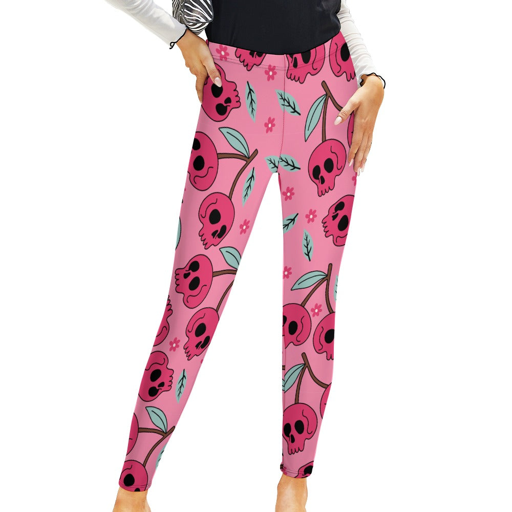 Cherry Skull Print Leggings for Women - Gothic Fashion Workout Yoga Pants - Perfect for Halloween, Cosplay & Streetwear