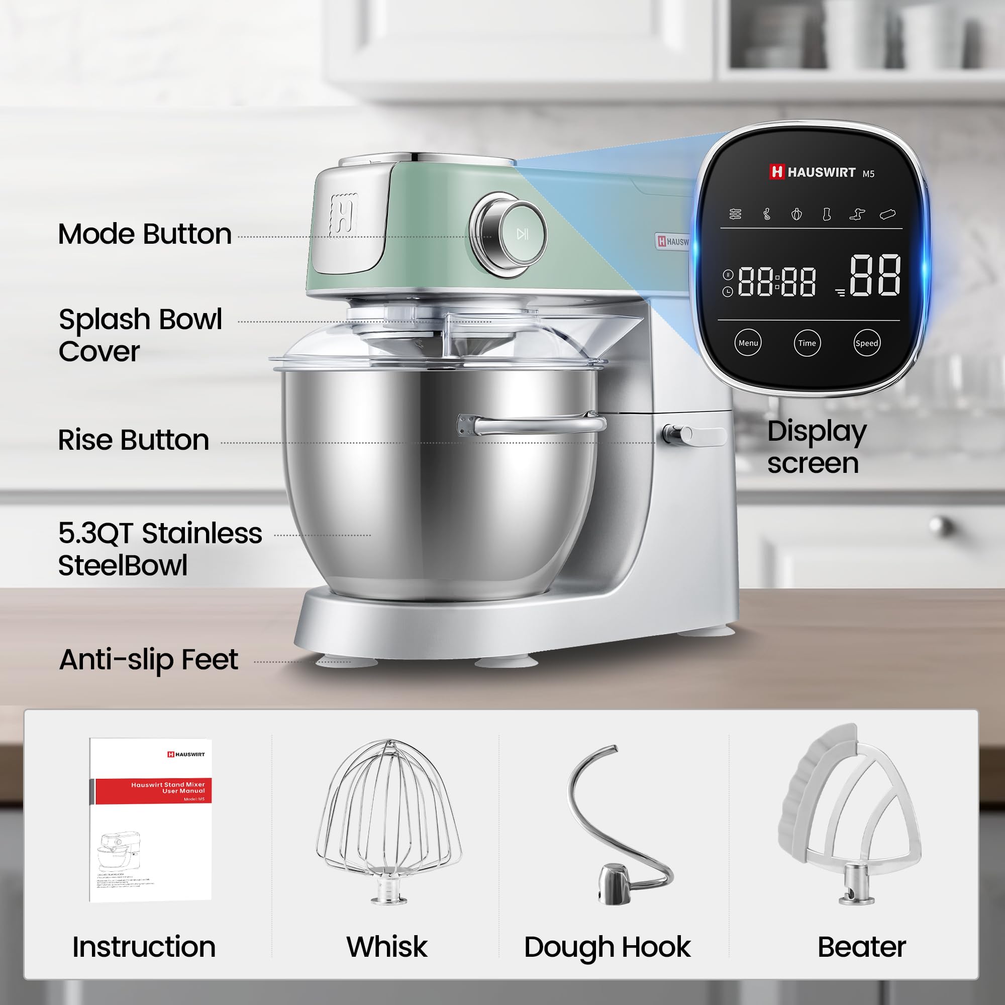 Hauswirt M5 Premium Smart Stand Mixer with LED Touchscreen - 5.3Qt Capacity, 11 Speed Settings, Includes Egg Whisk, Dough Hook & Beater - Perfect for Baking Bread, Cakes & Cookies (Lake Green)