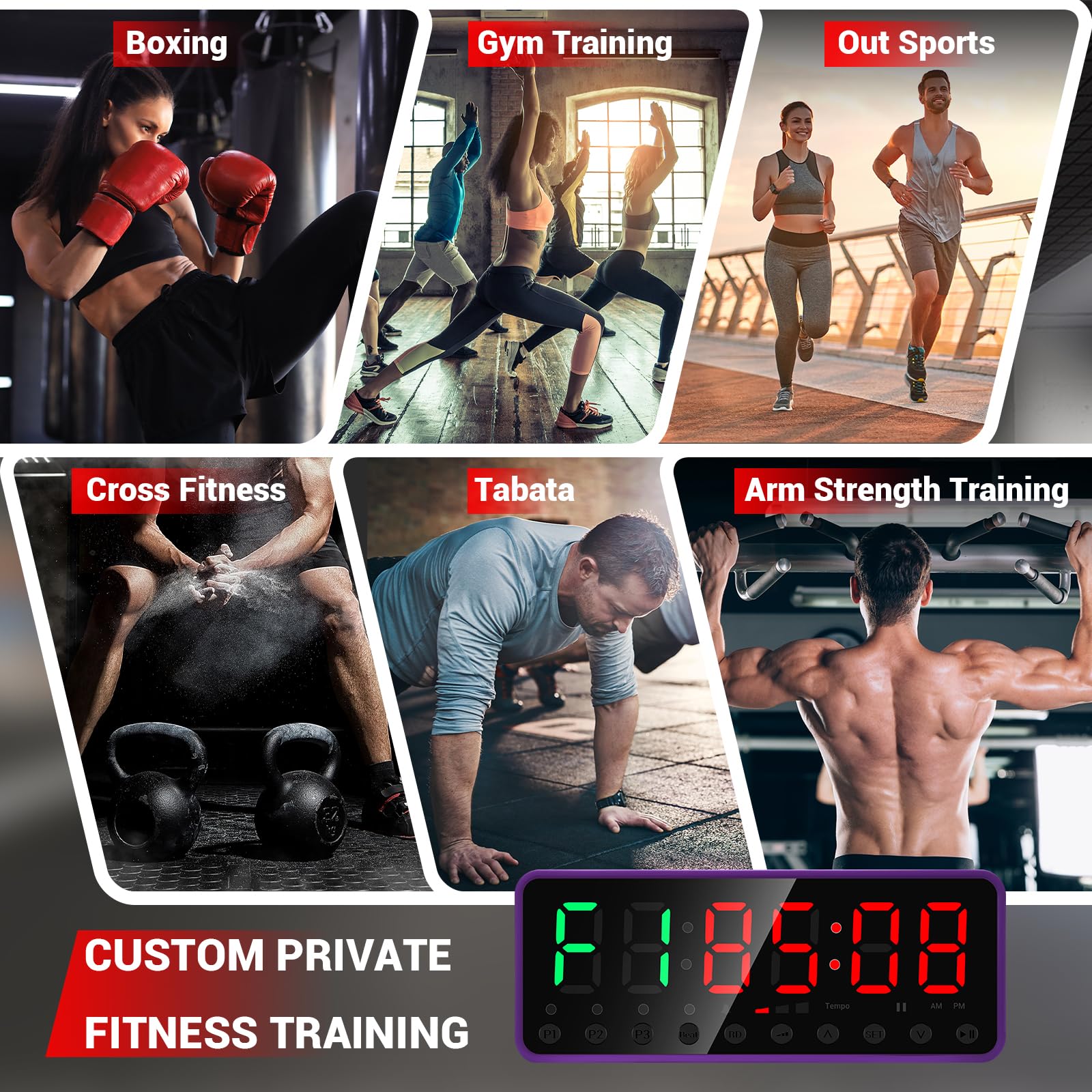 Portable Gym Timer with Large LED Display - Digital Workout Timer for Home, Garage & Fitness Training - Built-in Strong Magnet, Lithium Battery & Beat Function - Anti-Vertigo Design (Black/Violet) - Perfect for CrossFit, HIIT, Boxing & Interval Training