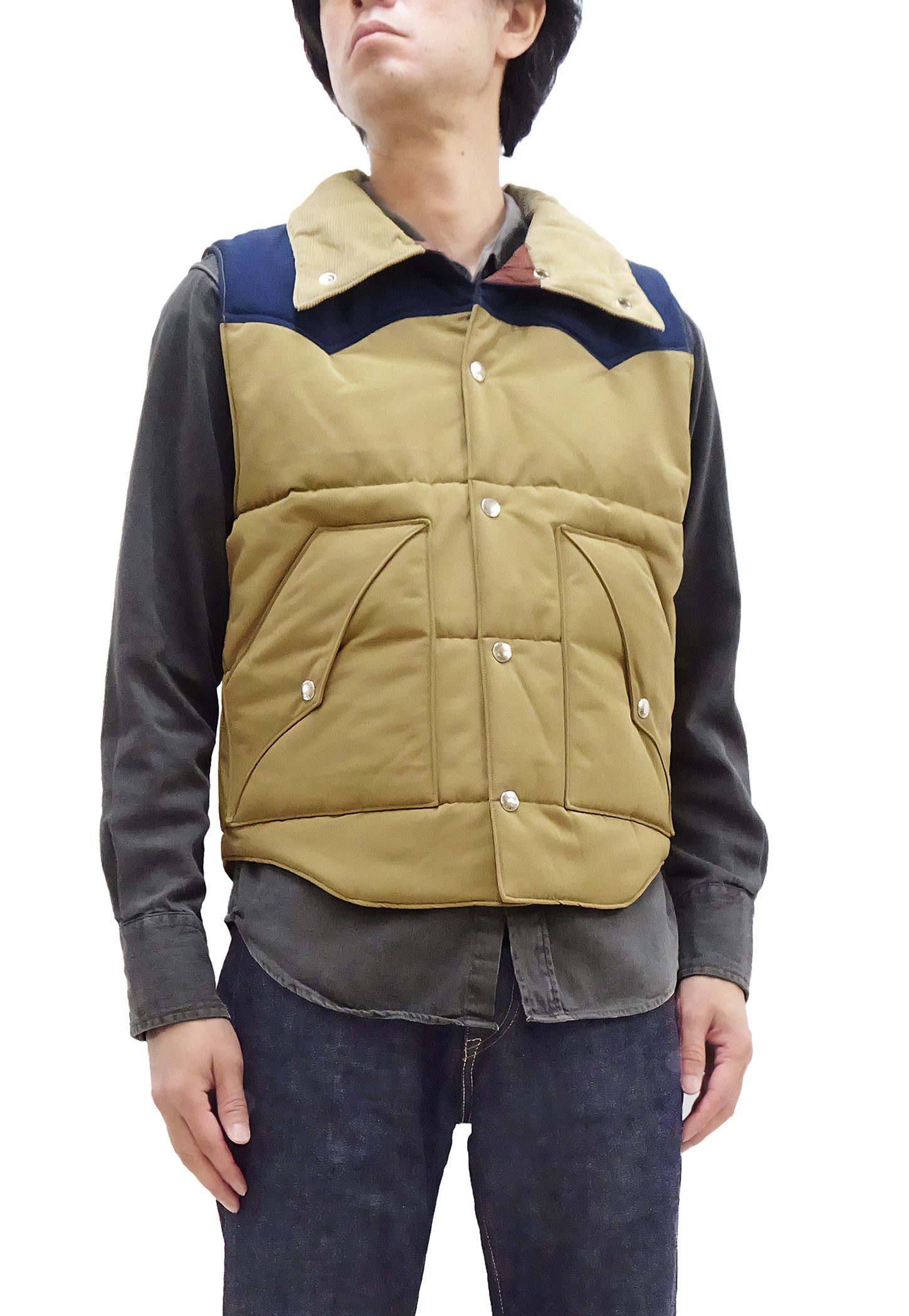 Men's Sugar Cane Puffer Vest - Contrast Yoke Panel Padded Jacket SC15400 in Beige/Navy Blue - Warm Winter Outdoor Wear for Hiking & Casual Style