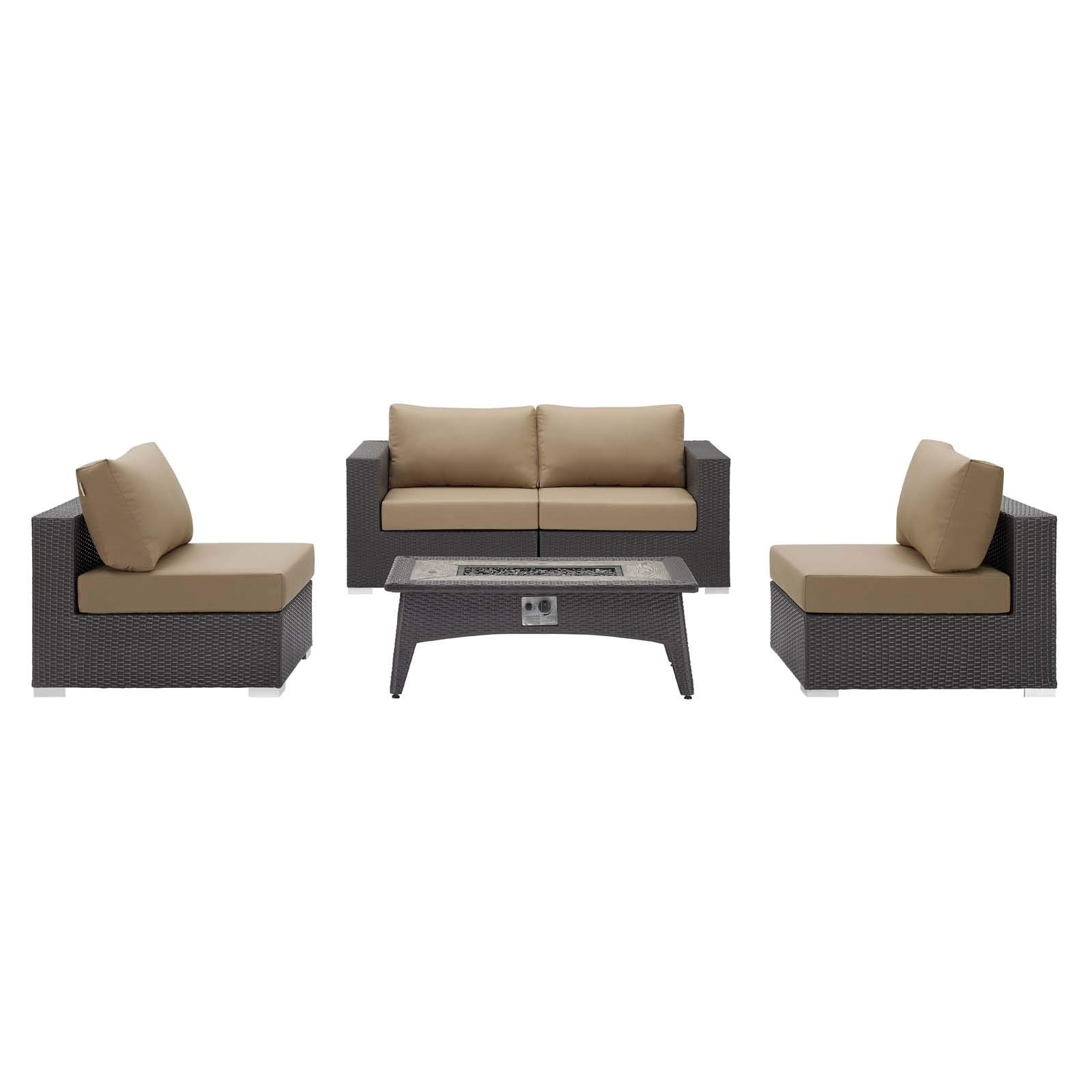 Modern Outdoor Patio Furniture Set - Wicker Rattan Sofa, Chair & Coffee Table with Fire Pit - Light Brown - Perfect for Backyard, Garden, Poolside & Patio Relaxation