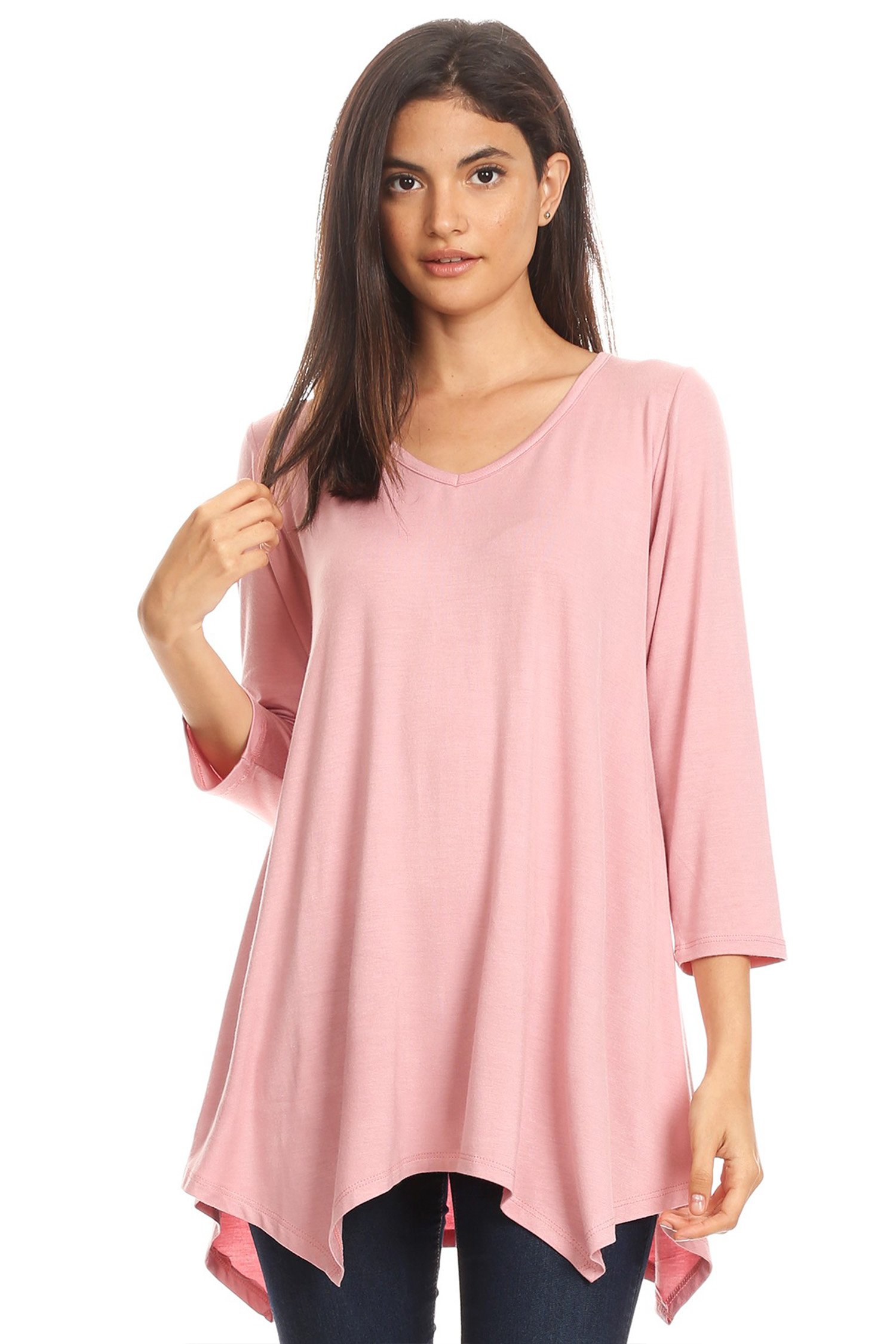 Solid Casual Basic V-Neck Long Sleeve Pleated Tunic Dress Top - Made in USA - Pink - Perfect for Work, Office Wear & Everyday Casual Outfits