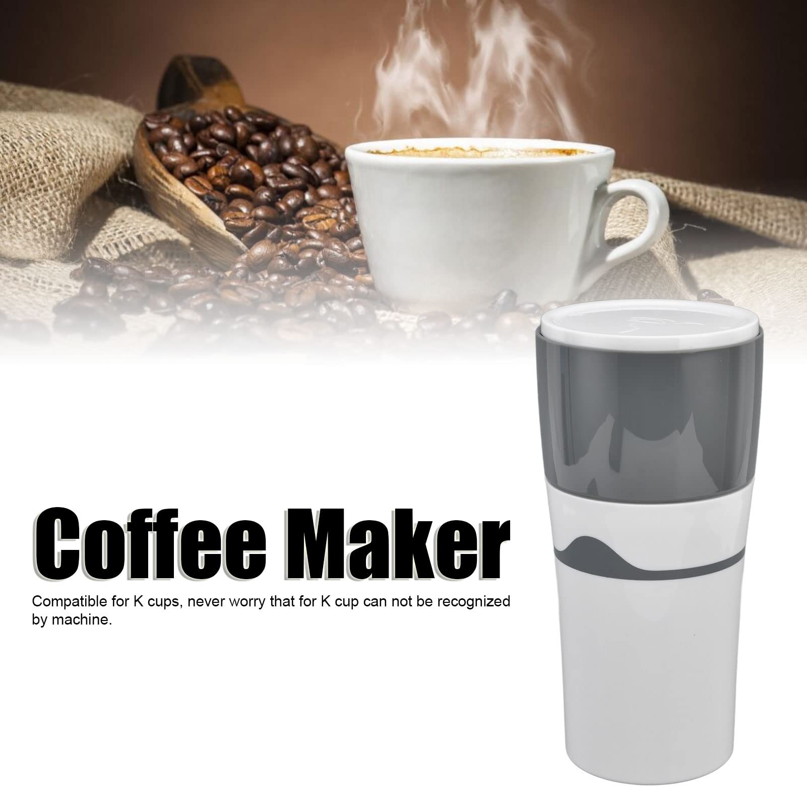 Portable Drip Coffee Maker for Travel & Camping - Compact K Cup Coffee Machine with Reusable Capsules, Lightweight & Easy to Use - Perfect for Outdoor Adventures, Office, Road Trips (Grey & White)