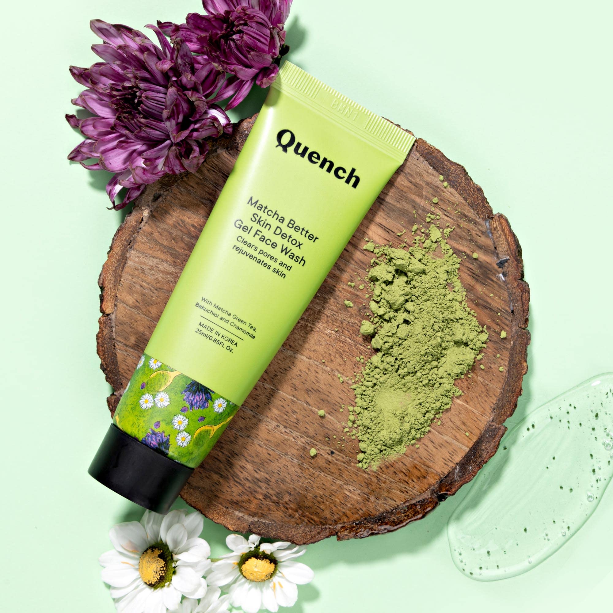QUENCH BOTANICS Korean Matcha Green Tea Face Wash - Skin Detox Gel Cleanser with Antioxidants for Oily & Acne-Prone Skin | Reduces Breakouts & Pores | Made in Korea (25ml) | Perfect for Morning & Night Skincare Routine