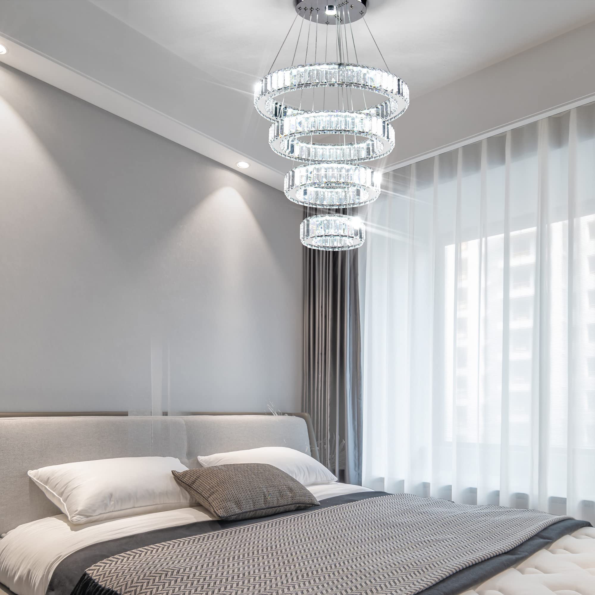 Elegant Modern LED Crystal Chandelier Pendant Light - 4 Ring Design for Dining Room, Bedroom & Living Room - Adjustable Sizes (7.9