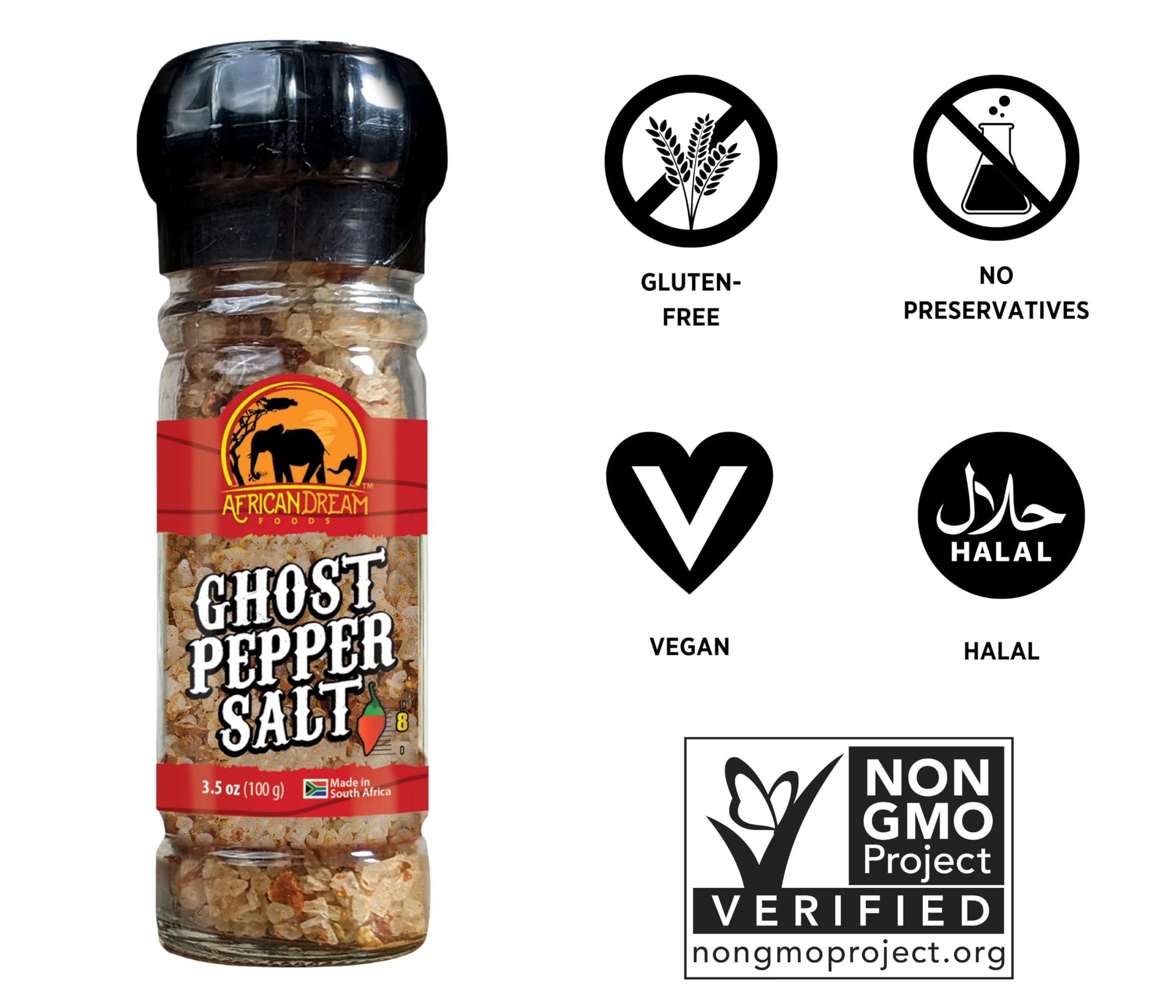 African Dream Foods Ghost Pepper Salt Seasoning - Spicy Chili Salt with Natural Ghost Peppers & Sea Salt | Hot & Flavorful Grinder for Meat, Chicken, Seafood | Perfect for BBQ, Grilling & Home Cooking | 3.5 oz Reusable Bottle