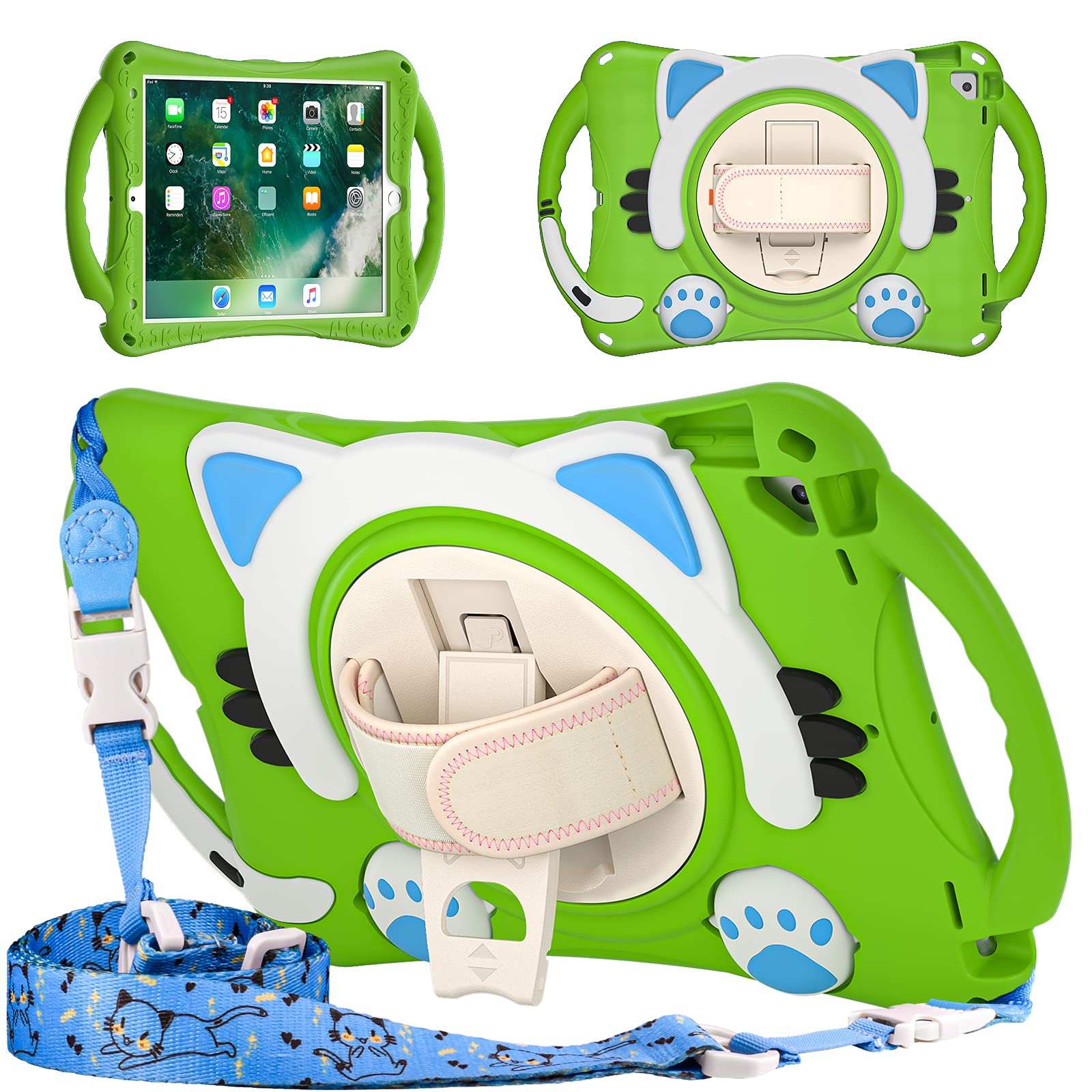 KIQ Shield Heavy Duty Kids iPad Case for iPad 9th/8th Generation 10.2 Inch (2021/2020/2019) & iPad Pro 10.5/Air - Cute Kitty Cat Green with Hand Carrying Strap | Perfect for School, Travel & Playtime