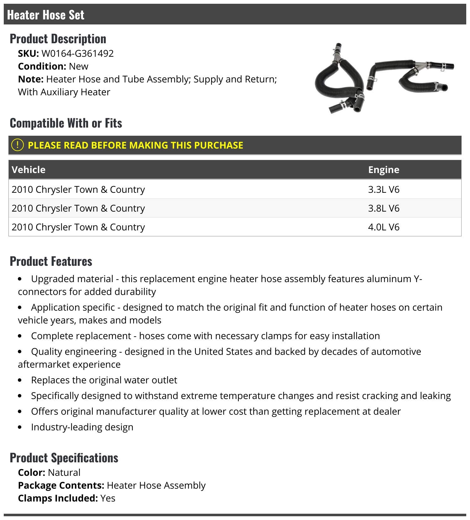 Heater Hose and Tube Assembly for 2010 Chrysler Town and Country V6 with Auxiliary Heater - Replacement Cooling System Part for Winter Driving & Engine Temperature Regulation