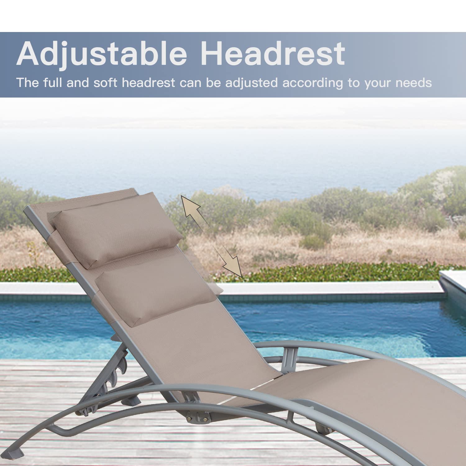 Domi 2-Piece Aluminum Adjustable Lounge Chair Set – 5-Position Outdoor Chaise for Poolside, Garden, Beach, Camping & Backyard (Khaki) – Perfect for Sunbathing, Relaxing & Outdoor Lounging