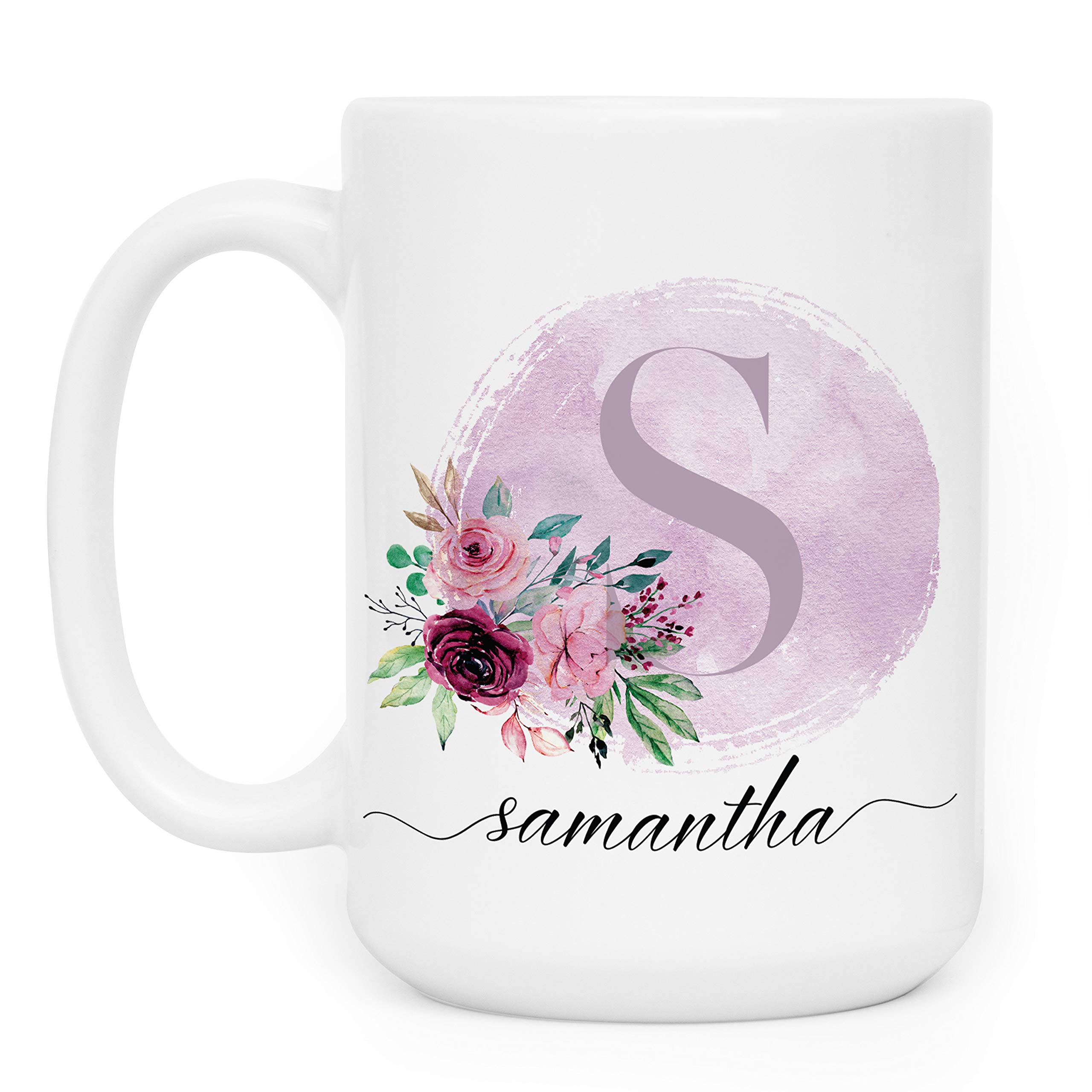 Personalized 15oz Ceramic Coffee Mug for Women - Custom Name & Initial Cup in 9 Colors - Unique Mother's Day Gift, Bridesmaid Present, Grandma Gift Idea - Perfect for Home, Office & Special Occasions