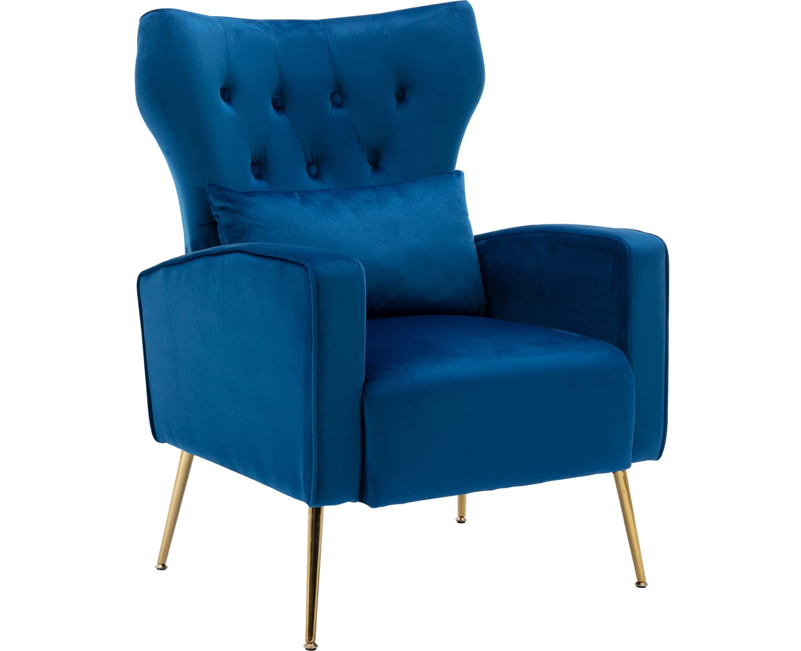 Kmax Velvet Accent Chair - Mid-Century Modern Tufted Armchair with Gold Legs & Pillow, Wingback Design for Bedroom, Living Room, Vanity or Reading Nook - Luxurious Blue Velvet Upholstery - Perfect for Home Decor, Relaxation & Stylish Seating