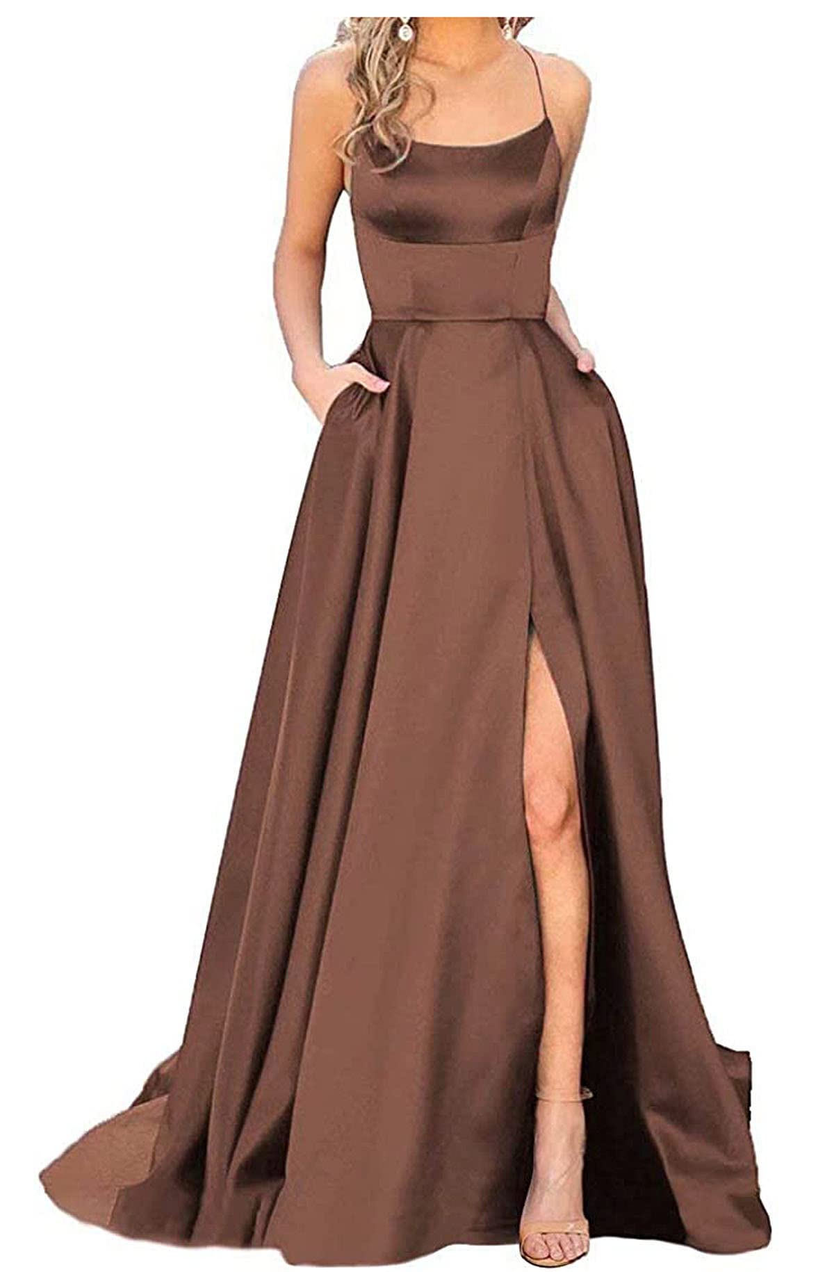 Elegant SYYJ Women's Spaghetti Strap Prom Dress - Satin Long Backless Evening Gown with Pockets | Perfect for Formal Events, Homecoming, Cocktail Parties & Special Occasions