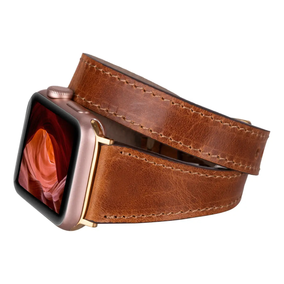 Premium Camel Brown Genuine Leather Double Tour Slim Strap for Apple Watch - Stylish & Comfortable for Everyday Wear, Workouts & Formal Occasions