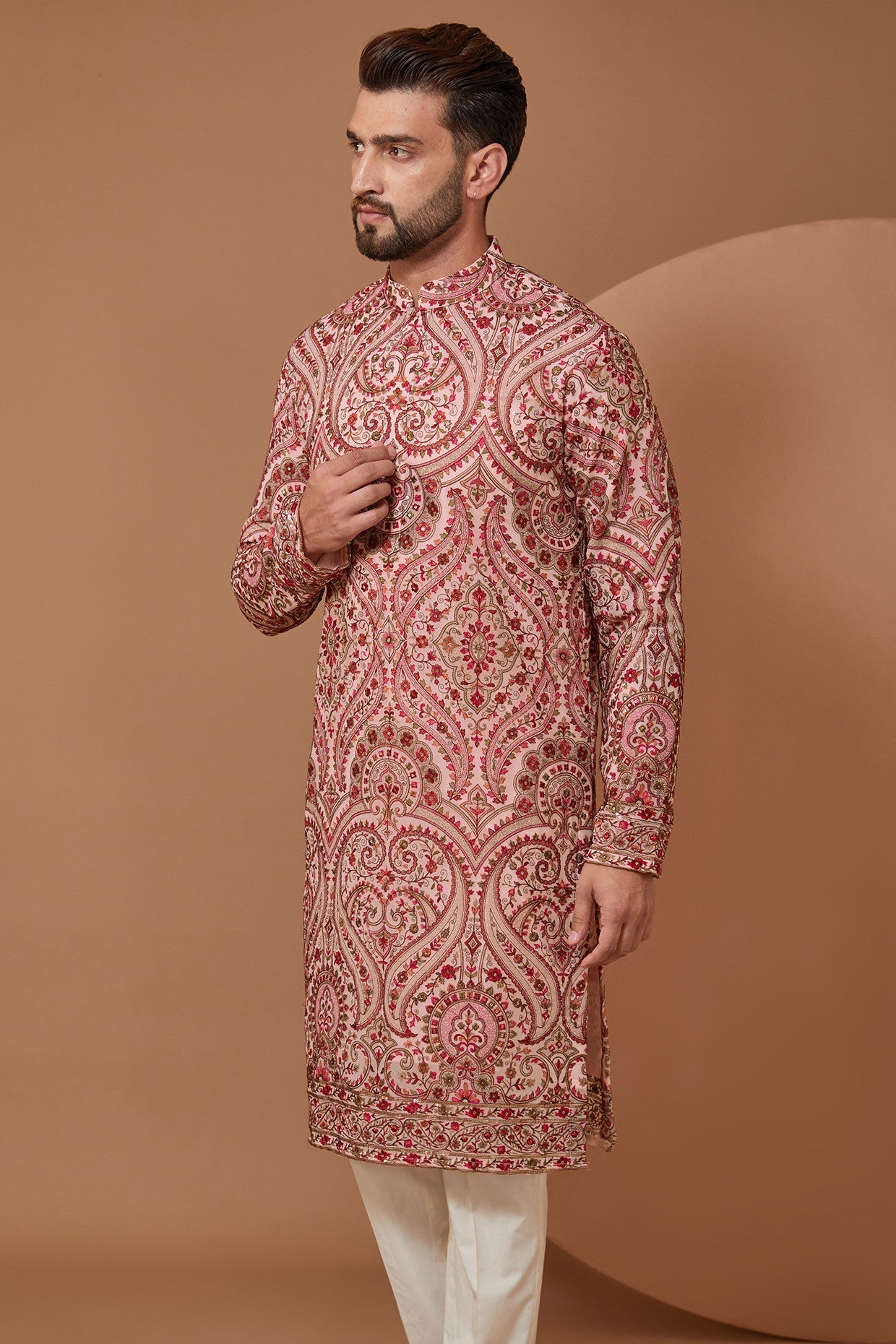 Elegant Light Pink Kashmiri Jamawar Embroidered Kurta for Women | Traditional Indian Ethnic Dress | Perfect for Weddings, Festivals & Special Occasions