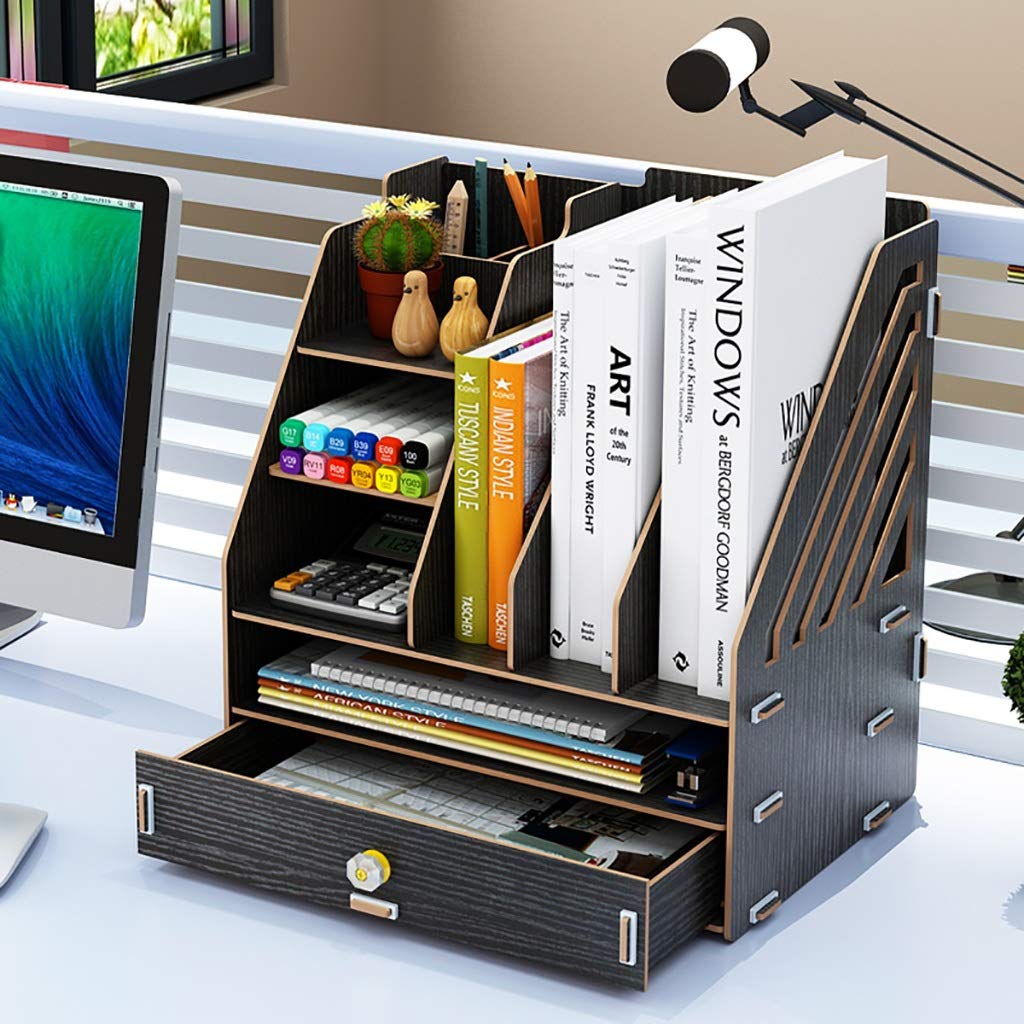 FPigSHS Wooden Desktop Storage Organizer - Multi-Layer Bookshelf, File Shelf, Book Stand, Office Supplies Storage Box for Home & Office (Color: C) | Perfect for Organizing Books, Files, and Office Accessories
