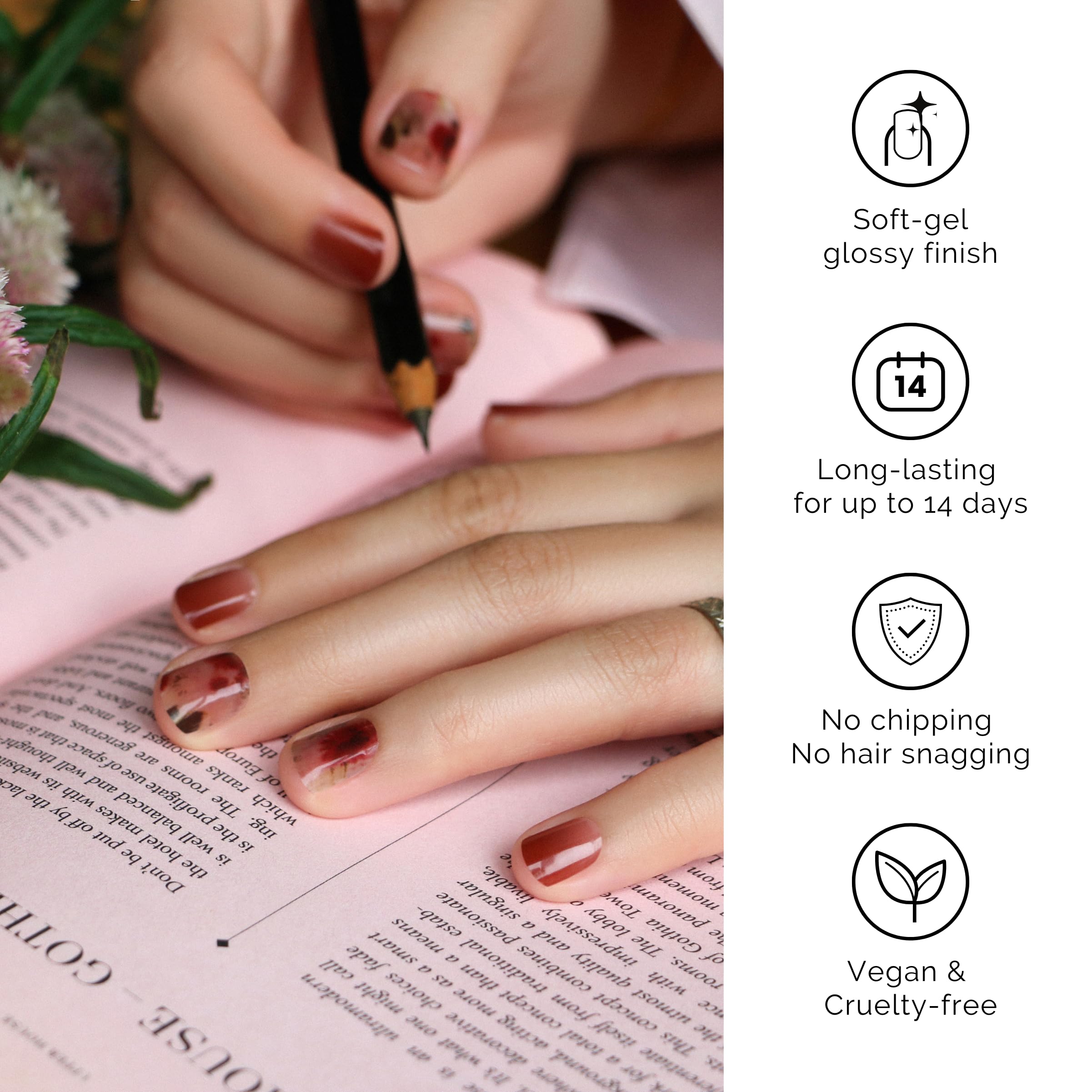 NAILOG 34 Pcs Semi Cured Gel Nail Strips Kit - Long Lasting Nail Wraps with Glossy Finish in Reddish Brown & Wildflowers | Includes UV Light (Buy 2 Get 1 Free) | Perfect for Salon Quality Manicures at Home, Parties & Special Occasions