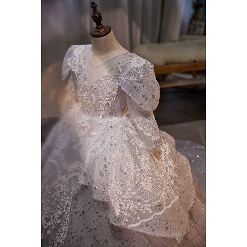 Princess V-Neck Floor-Length Organza Flower Girl Dress for Weddings, Baptisms & Special Occasions