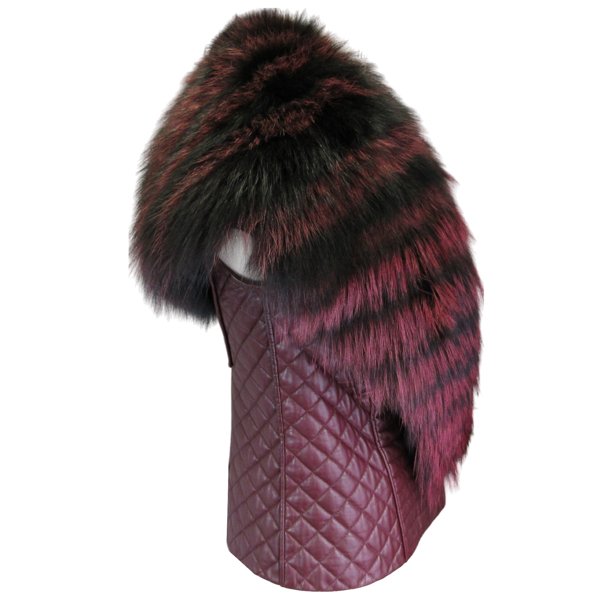 Luxury J. Mendel Burgundy Fox Fur Trimmed Quilted Leather Vest for Women | Winter Fashion Outerwear | Perfect for Holiday Parties & Formal Events