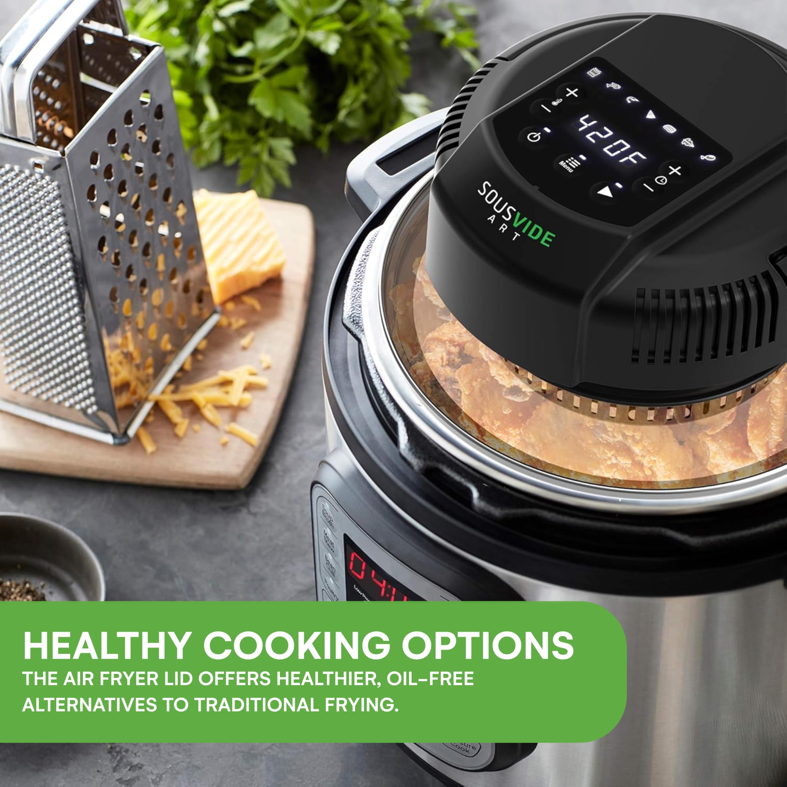 **Air Fryer Lid for 6 Qt & 8 Qt Pressure Cookers - Glass Lid with Accessories Kit (Basket, Rack, Cookbook) - Perfect for Healthy Frying, Roasting & Baking at Home**