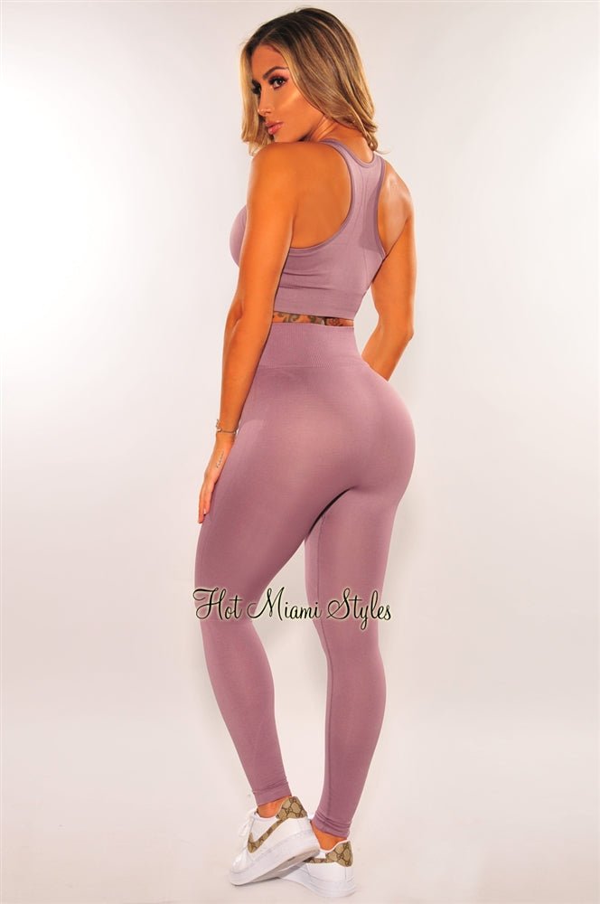 Purple Haze Seamless Padded Racerback High Waist Leggings & Sports Bra 2-Piece Set - Comfortable Workout Outfit for Yoga, Gym & Running