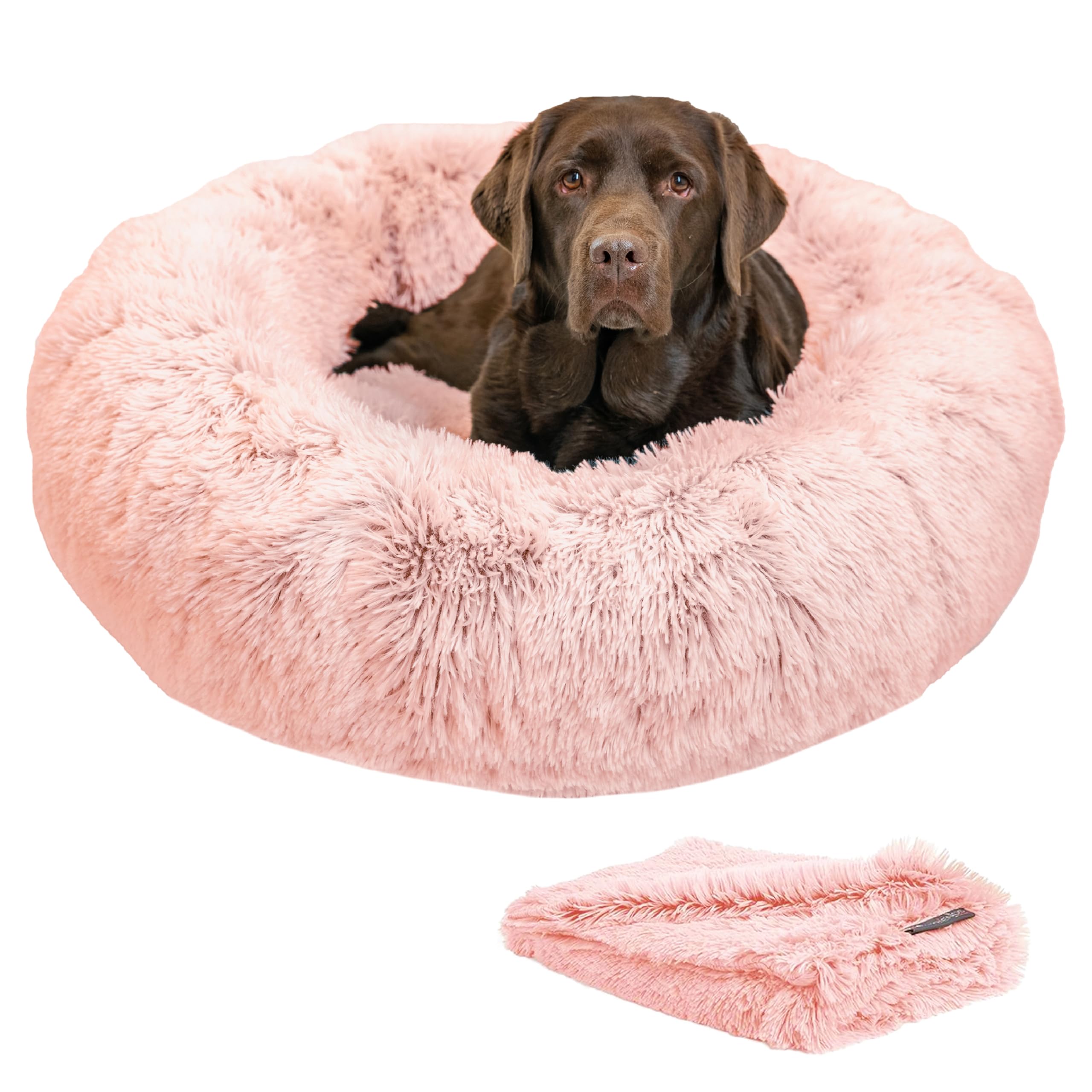 Best Friends by Sheri Bundle Set - Original Calming Shag Donut Cuddler Pet Bed for Cats & Dogs + Soft Cotton Candy Pink Throw Blanket, Large 36