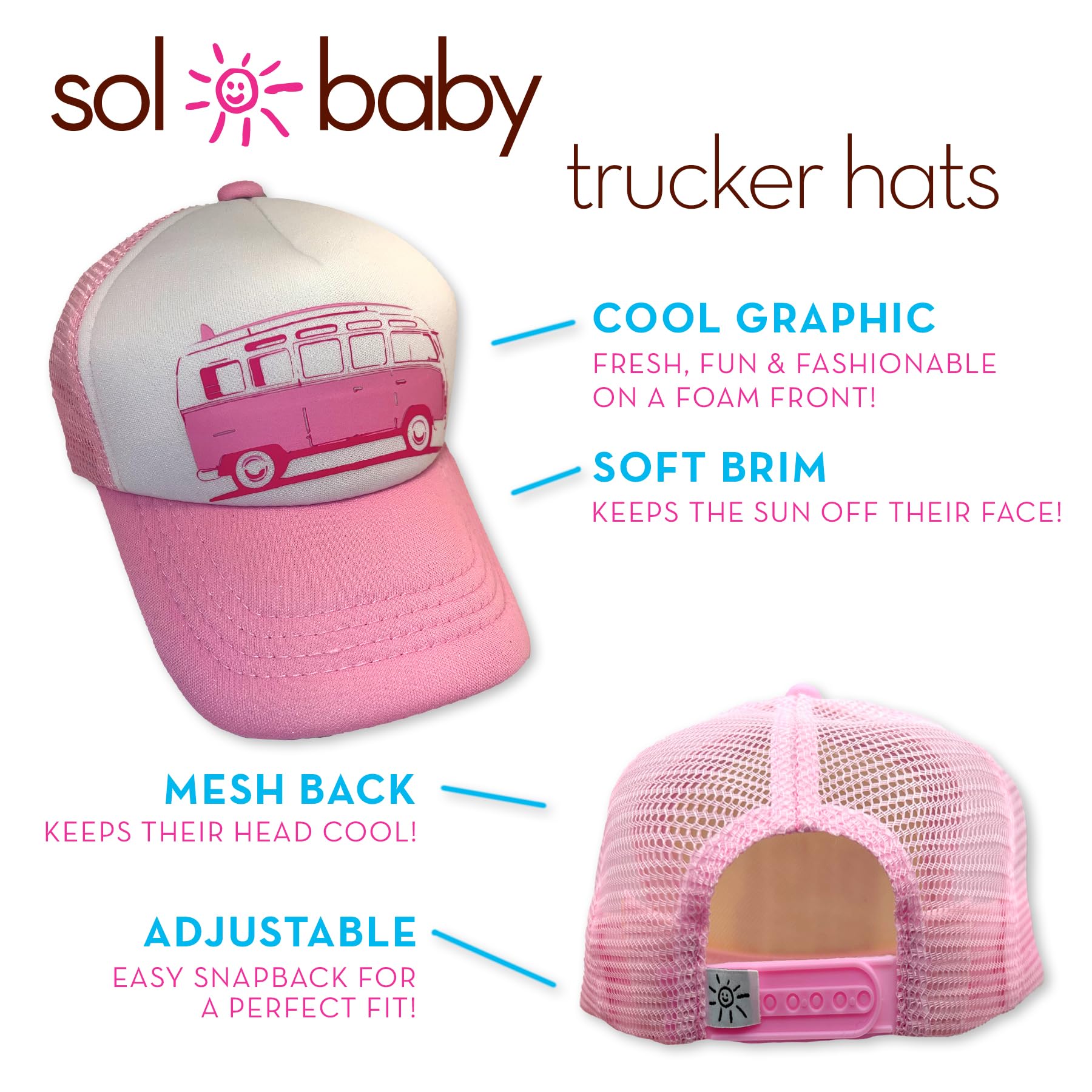 Sol Baby Surf Trucker Hat - Adjustable Pink Snapback for Beach & Summer