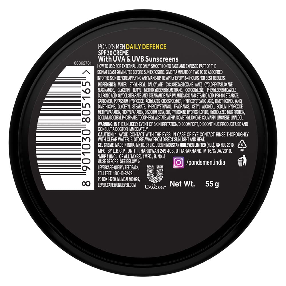 POND's Men Daily Defense SPF 30 Face Cream for Normal Skin - 55g (Pack of 1) | Oil-Free Moisturizer with Sun Protection | Perfect for Daily Skincare Routine & Outdoor Activities
