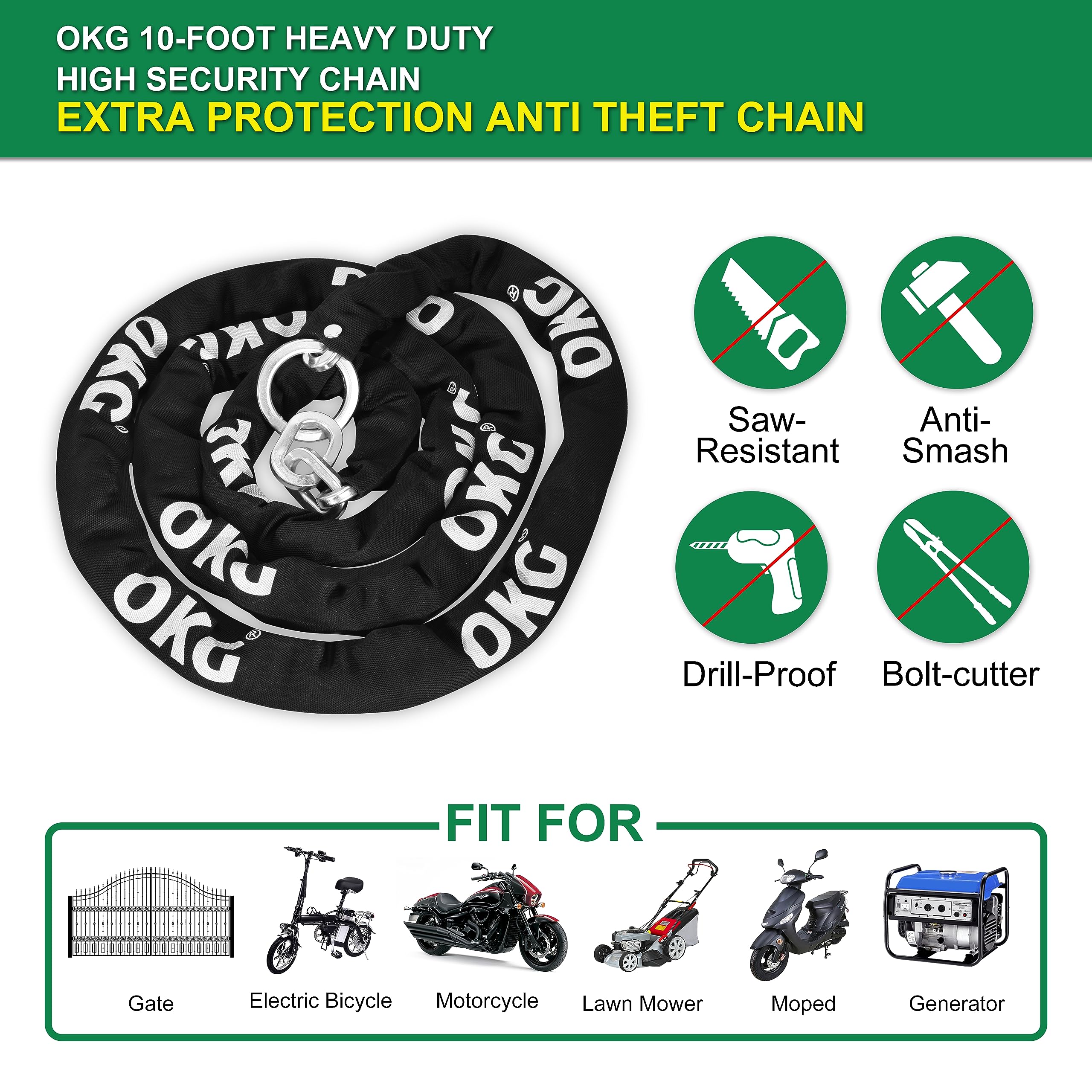 OKG 10-Foot Extra Long Heavy Duty Security Chain - 3/8