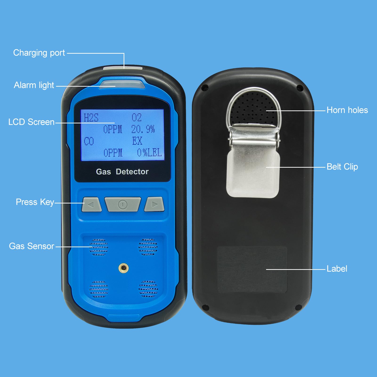 Upgraded 4 Gas Detector - Rechargeable H2S CO O2 Monitor with LCD for Industrial Safety
