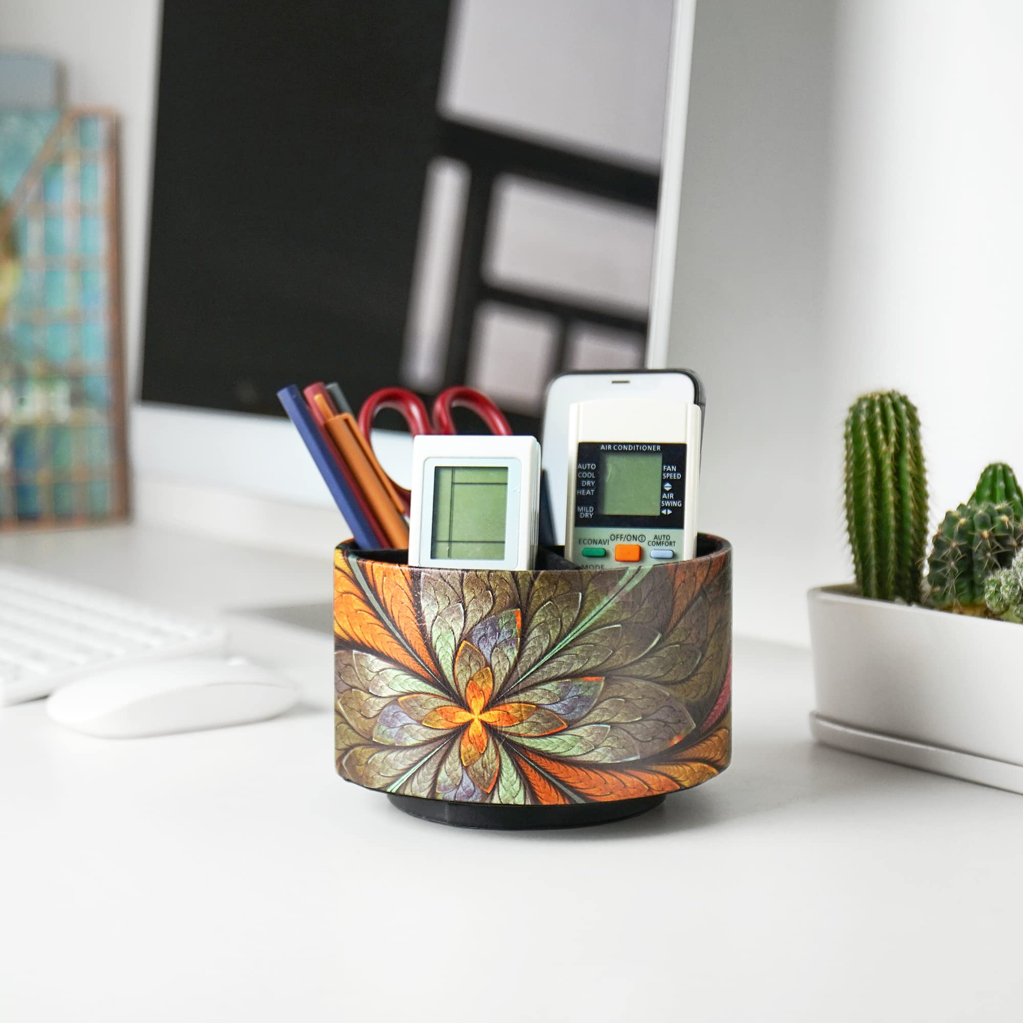 360° Rotating Round Leather Desk Organizer - Multi-Functional Pencil Holder with 4 Compartments for Art Supplies, Remote Controls & Stationery (Orange Flower Pattern) | Perfect for Home Office, Study Desk & Craft Room Organization