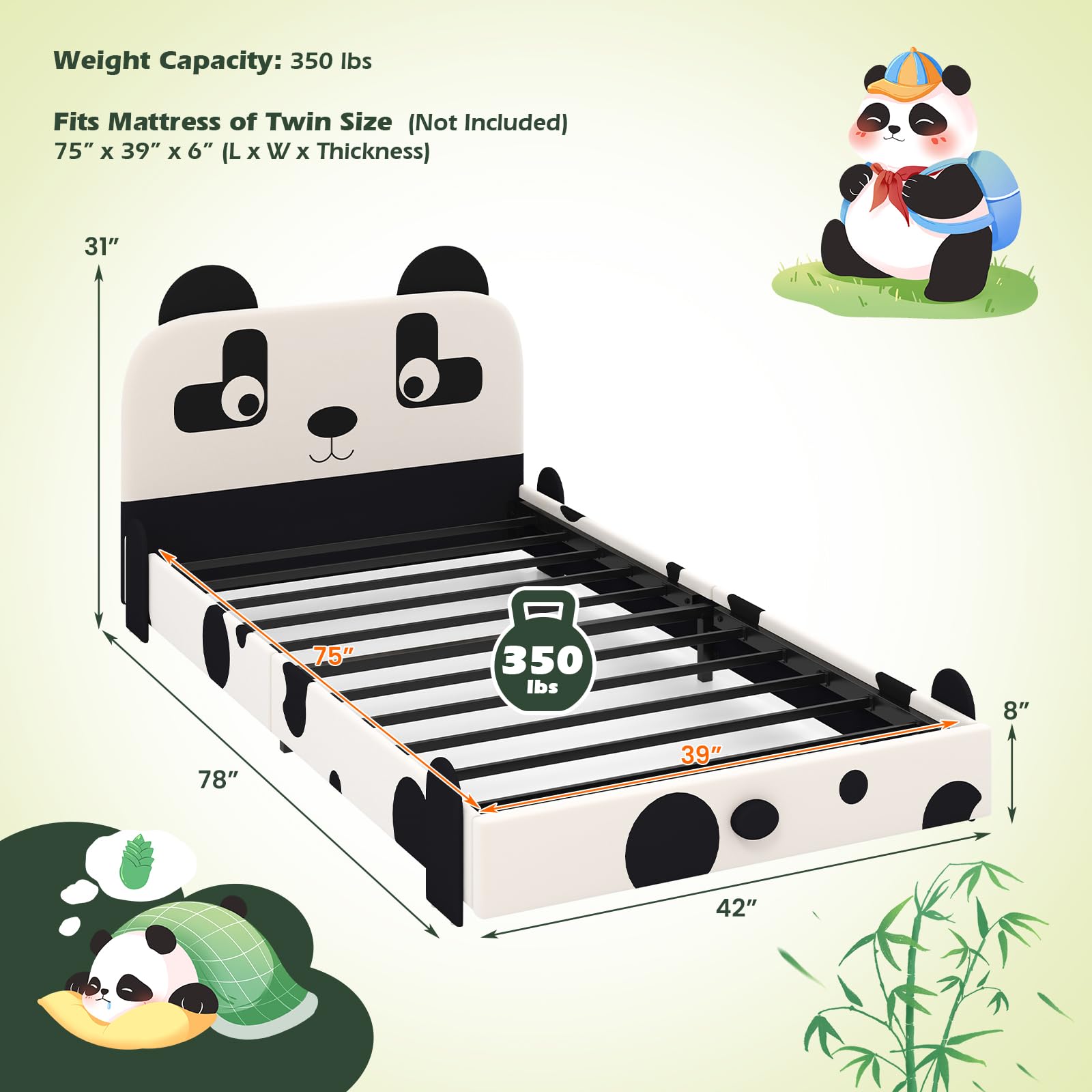 Costzon Twin Bed Frame for Kids - Sturdy Metal Platform with Slat Support & Padded Headboard, No Box Spring Needed, Easy Assembly (Cute Panda Design) | Perfect for Kids' Bedroom, Guest Room & Small Spaces