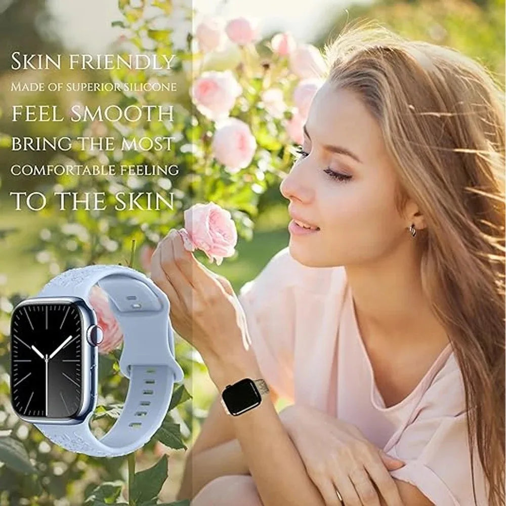 Botanical Bliss Engraved Silicone Band for Apple Watch - Red Floral Design | Perfect for Workouts, Yoga & Everyday Wear