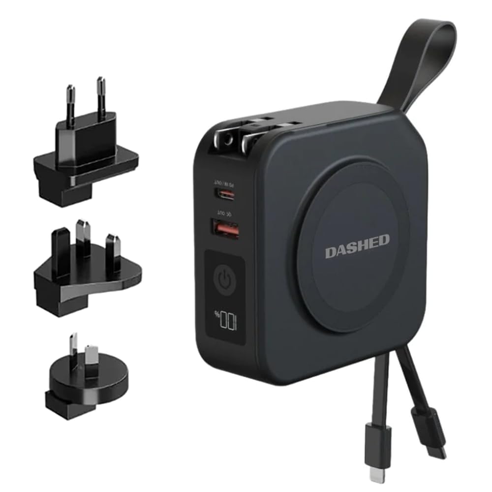 5-in-1 Travel Charger Power Bank with Wireless Charging - 10,000mAh Portable Charger for iPhone, Samsung, Android, AirPods, iPad & Smartwatches - Worldwide Compatibility with 4 Universal Adapters (Black) - Perfect for Travel, Camping & Emergency Power Backup