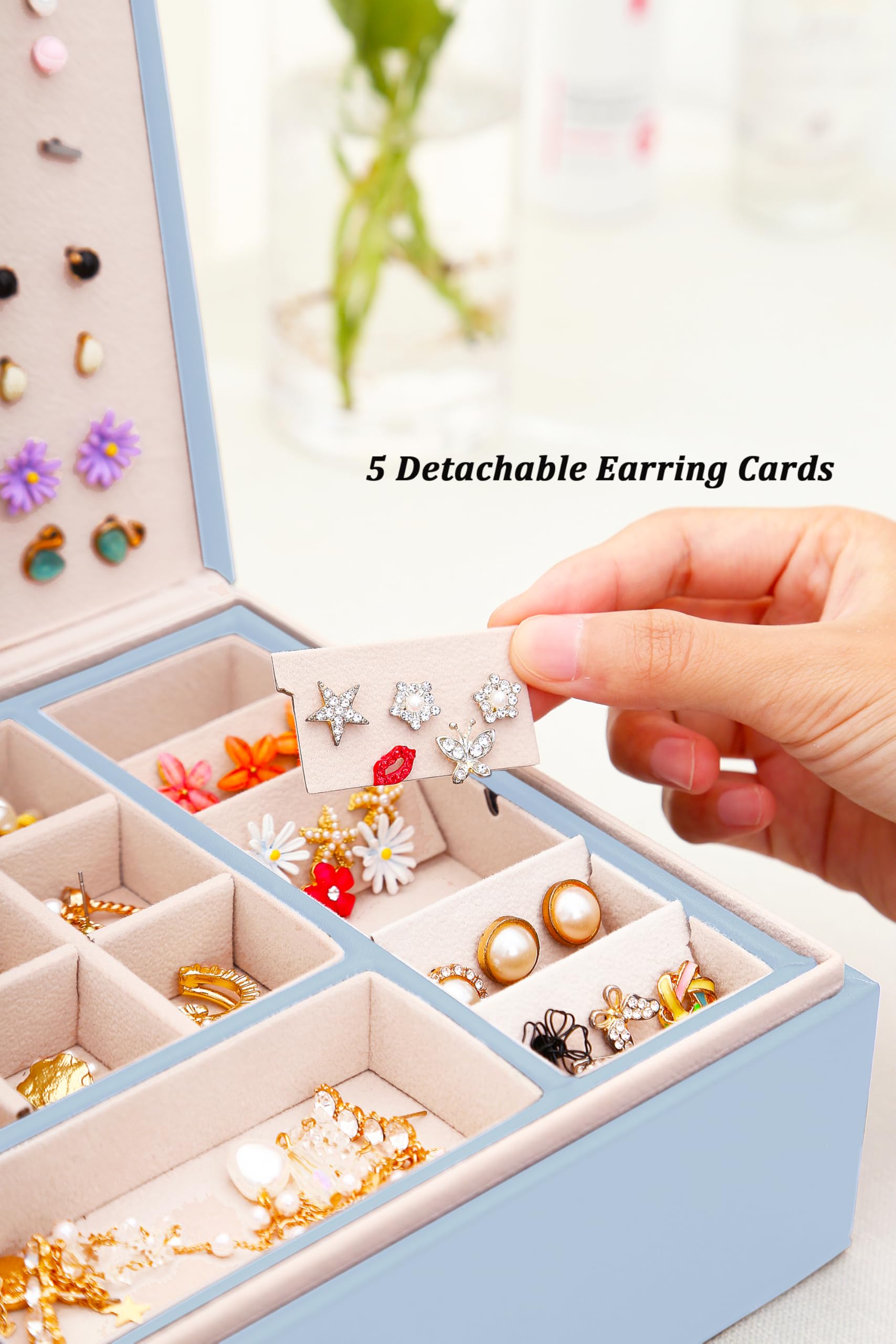 **Blue Jewelry Box Organizer for Girls - Earring Holder, Necklace & Ring Storage - Perfect for Teen Bedroom, Travel & Gift Giving**