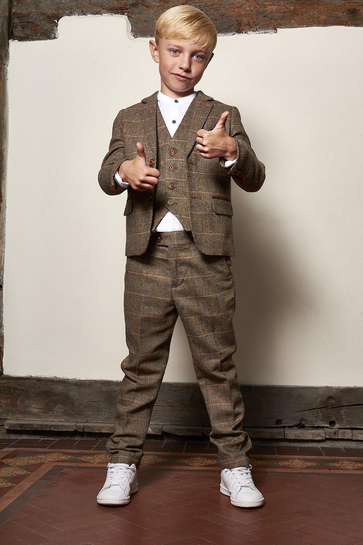 Stylish Men's TED Tan Tweed Check Three-Piece Suit Set - Perfect for Father & Son Matching Outfits, Weddings, and Formal Events