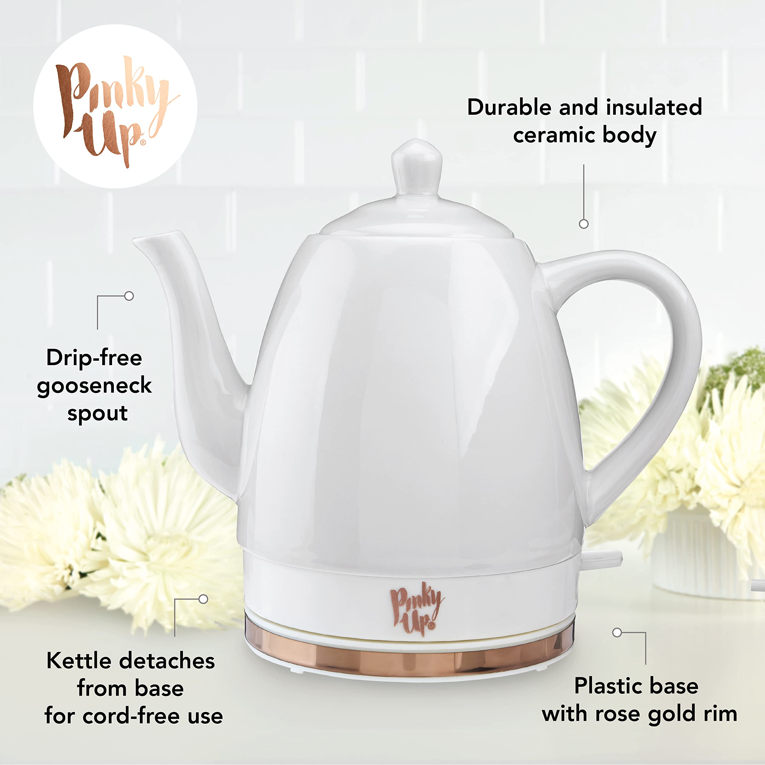 Premium Pink Up Noelle 1.5L Electric Gooseneck Kettle - Fast Boiling Ceramic Tea Kettle with Auto Shut-Off & Cordless Design - Perfect for Pour Over Coffee, Tea Brewing & Hot Water Dispensing - Ideal for Home, Office & Kitchen Use