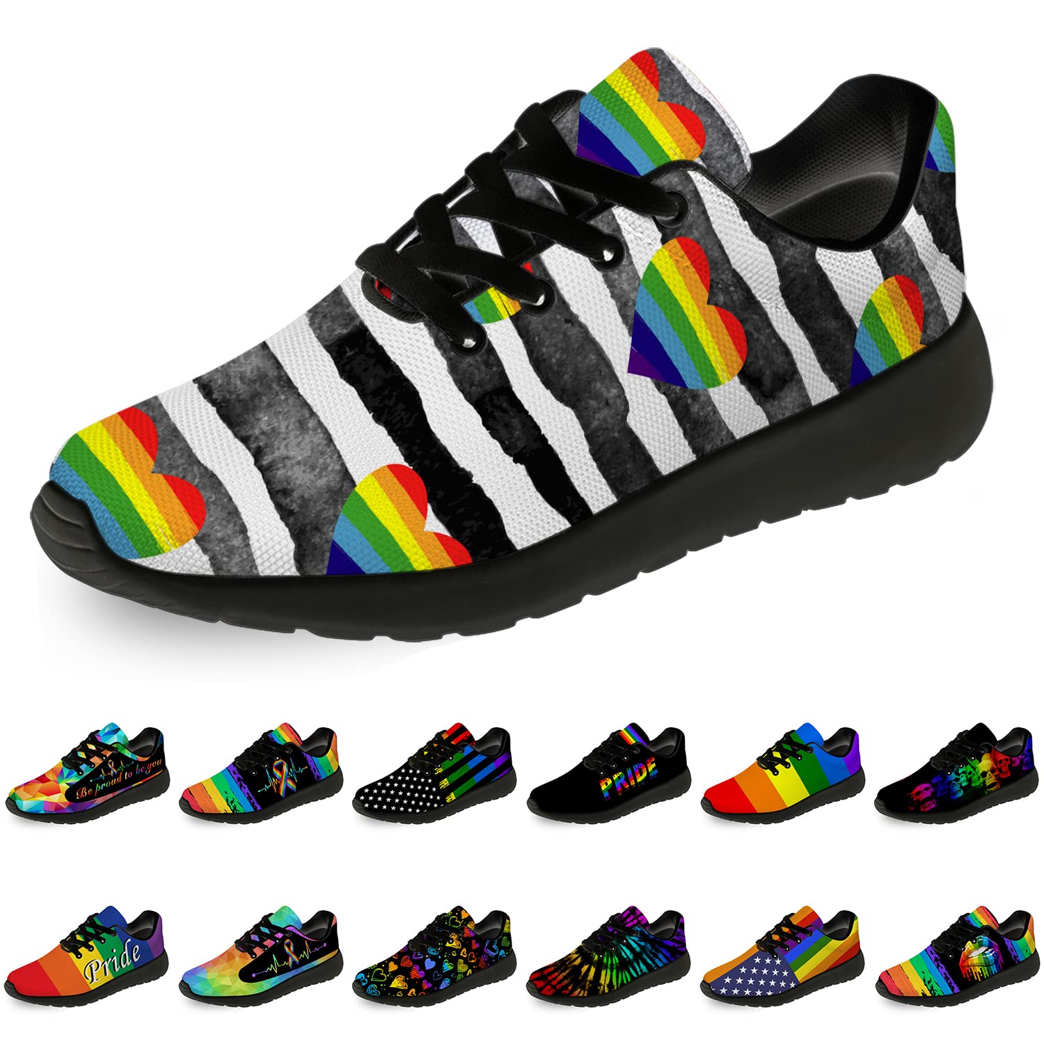 LGBTQ Pride Running Shoes for Women & Men - Rainbow Heart Design Walking & Tennis Sneakers in Black & White Stripes - Size 5 Men/7 Women - Perfect for Pride Events, Gym Workouts & Casual Wear