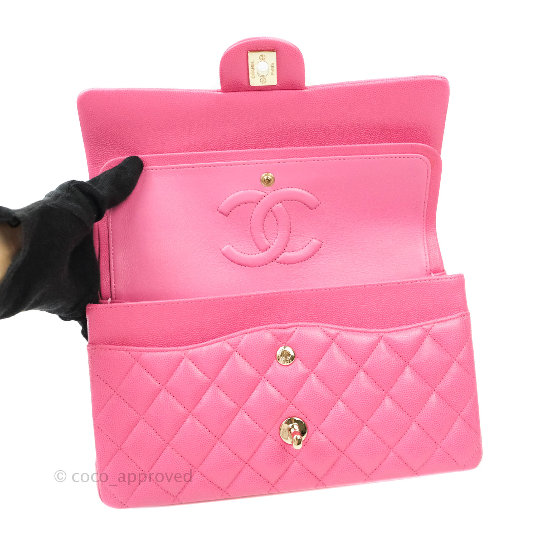 Chanel Classic Medium Double Flap Bag in Pink Caviar Leather with Gold Hardware - Perfect for Date Night & Special Occasions
