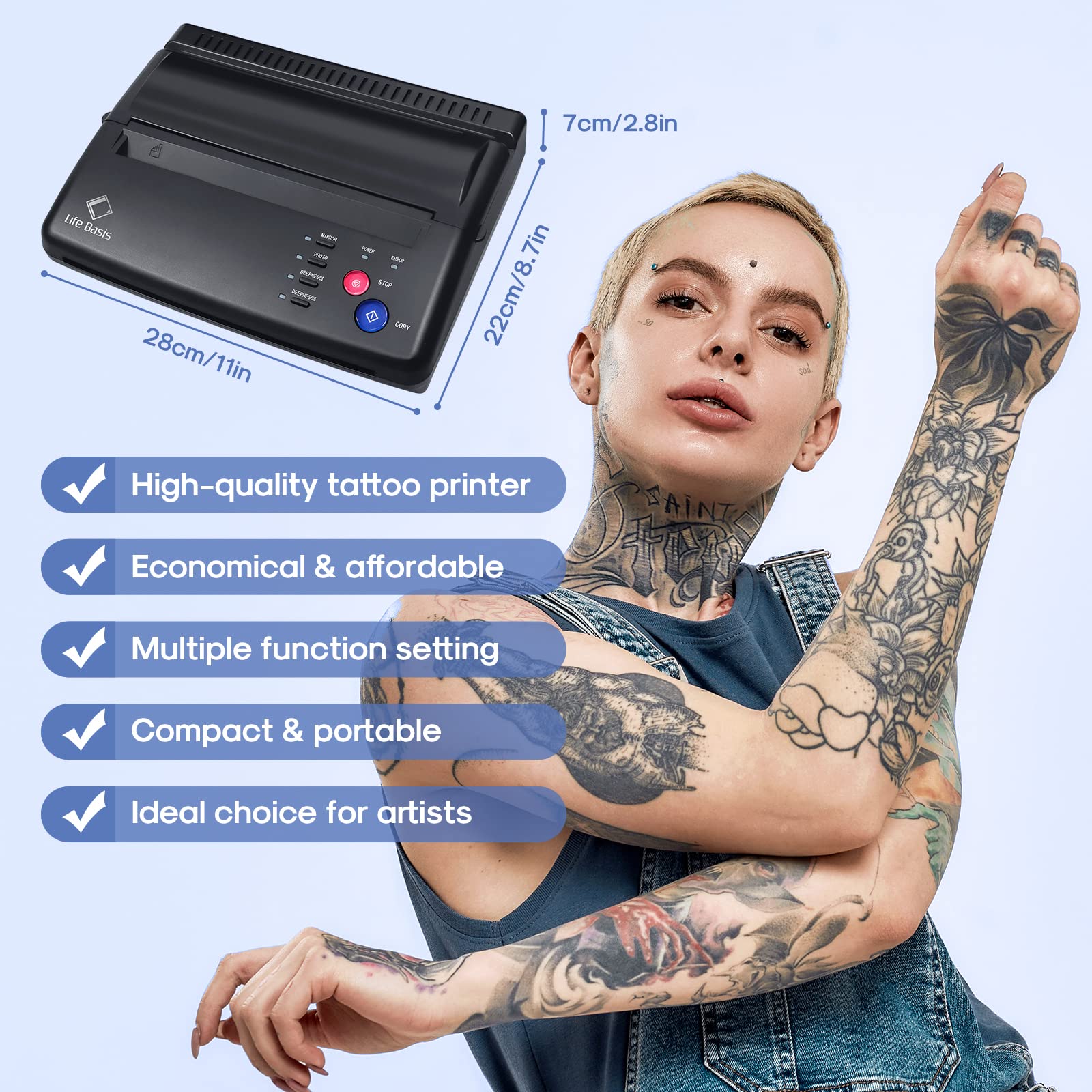 LifeBasis Professional Tattoo Transfer Stencil Printer Machine - Thermal Copier with 30PCS Stencil Paper for Tattoo Artists & Beginners | Portable Tattooing Equipment for Studio & Home Use | Black