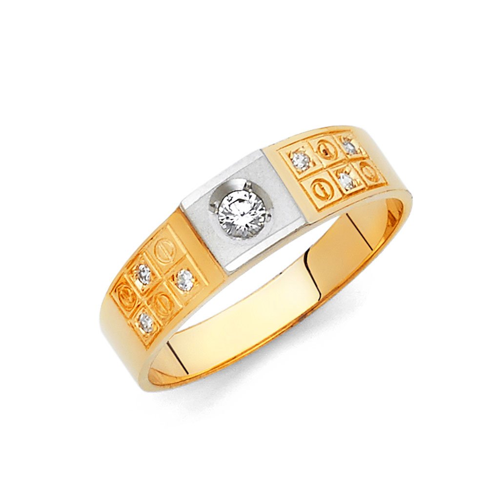 14K White & Yellow Gold Two-Tone Round Cubic Zirconia Ring for Men - Elegant Wedding Band & Anniversary Gift for Him - Perfect for Engagements, Proposals & Special Occasions