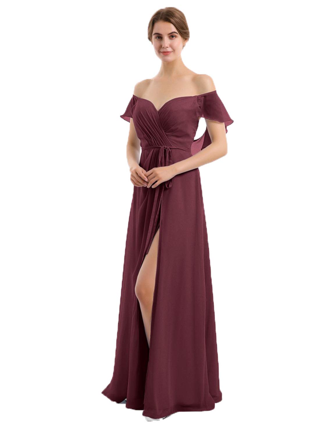 Ourlove Women's Long Chiffon Off Shoulder Bridesmaid Dress with Ruffle A-Line Prom Gown Formal Evening Maxi Dress - Cabernet Red Size 12 | Perfect for Weddings, Parties, and Special Occasions