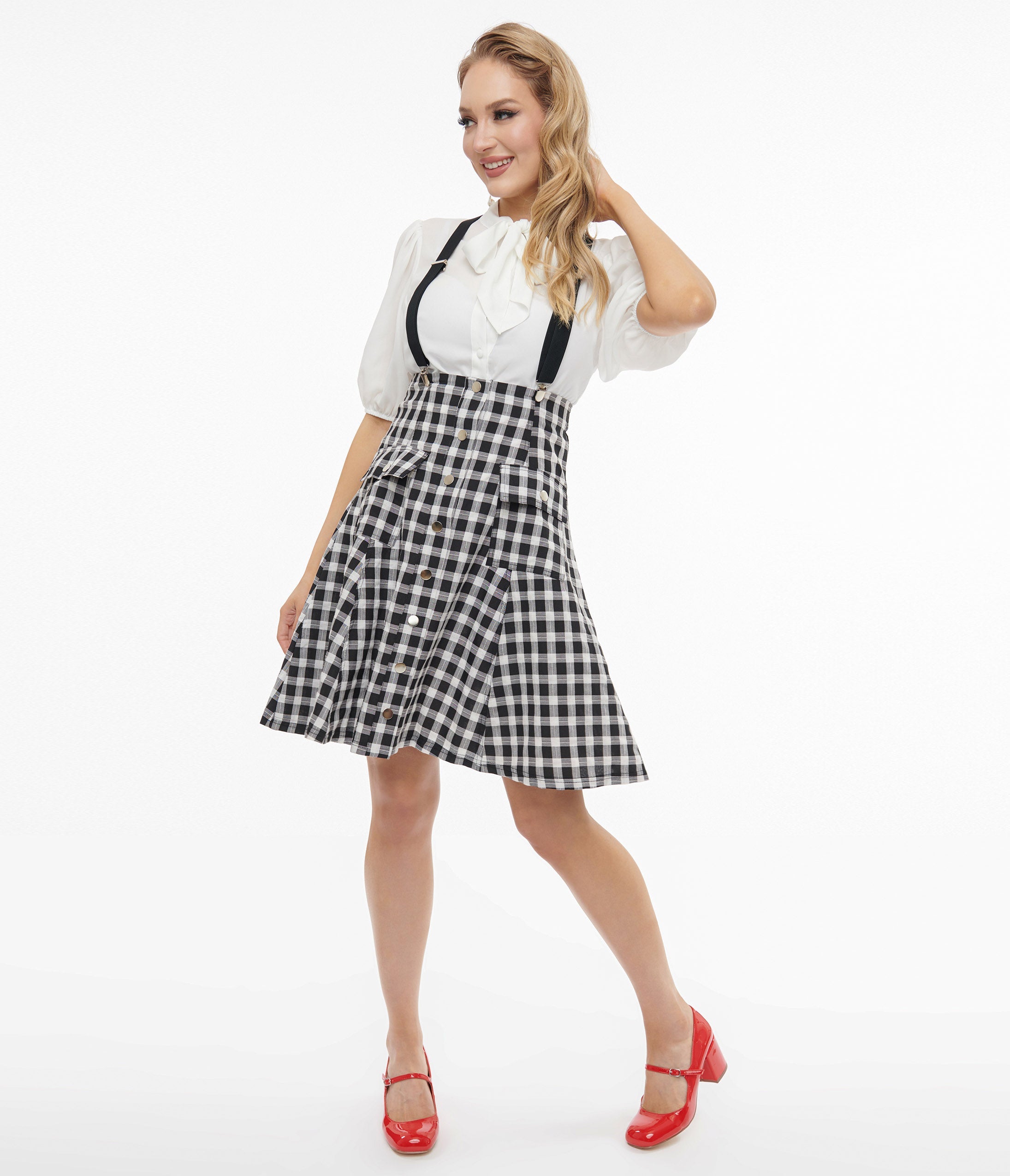 Vintage 1950s Black & White Gingham Flare Skirt with Suspenders - Retro Swing Skirt for Women - Perfect for 50s Themed Parties, Rockabilly Outfits & Pin-Up Fashion