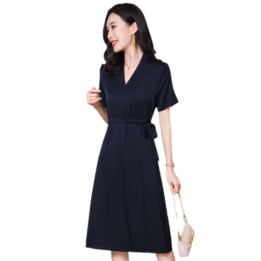Luxury Heavy Natural Silk Women's Dress - Solid Color Long Sleeve V-Neck Lace-Up Waist Closure Formal Gown for Evening Parties, Weddings & Special Occasions