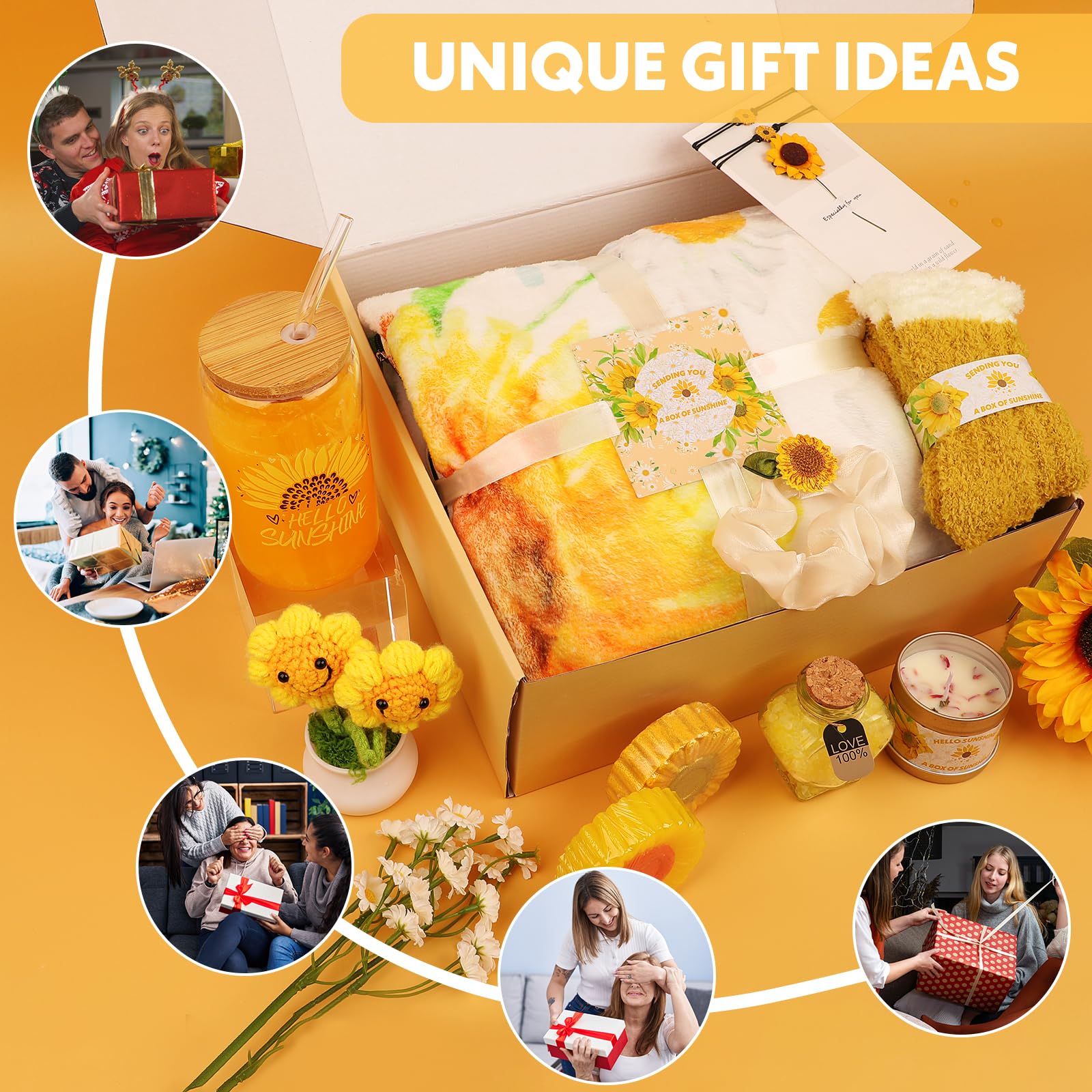 Sunflower Spa Gift Set for Women - 12 Piece Relaxation Sunshine Care Package with Luxury Blanket | Get Well Soon, Birthday, Thank You Gifts for Girlfriend, Sister, Mom, Wife | Perfect for Self-Care, Pampering, and Stress Relief