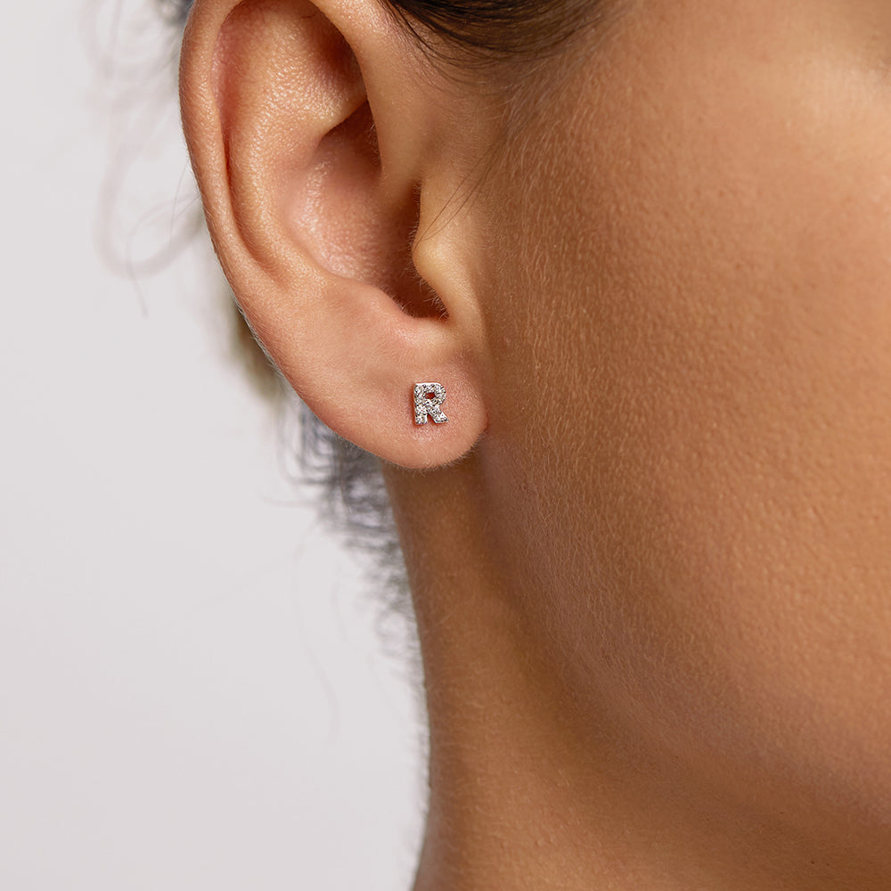 Diamond Letter R Single Stud Earring in Sterling Silver - Perfect for Birthdays, Anniversaries & Personalized Gifts