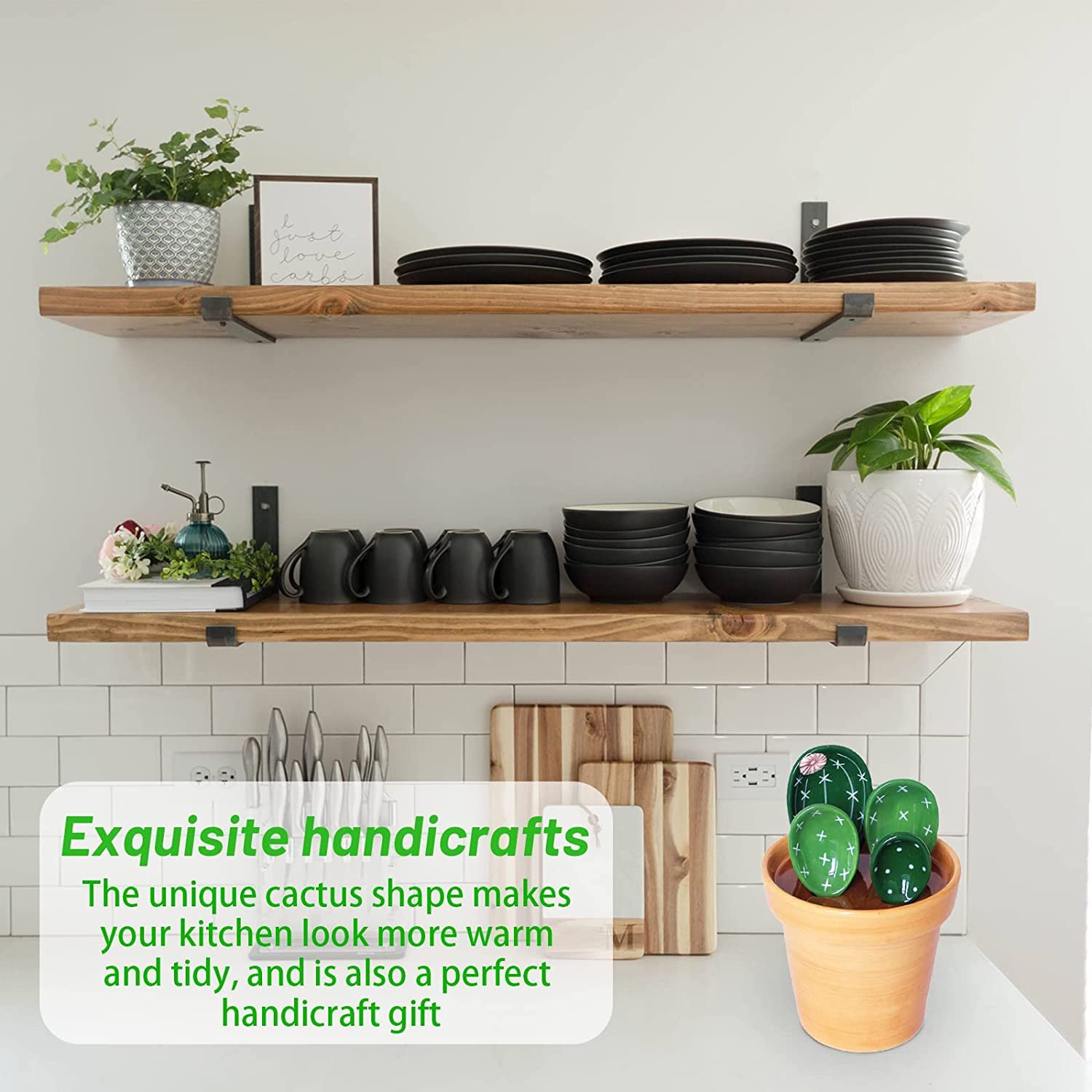4-Piece Cactus Measuring Spoons and Cups Set - Ceramic Kitchen Measuring Tools for Baking, Cooking - Perfect for Measuring Salt, Sugar, Flour - Ideal for Home Bakers, Wedding Gifts & Kitchen Decor