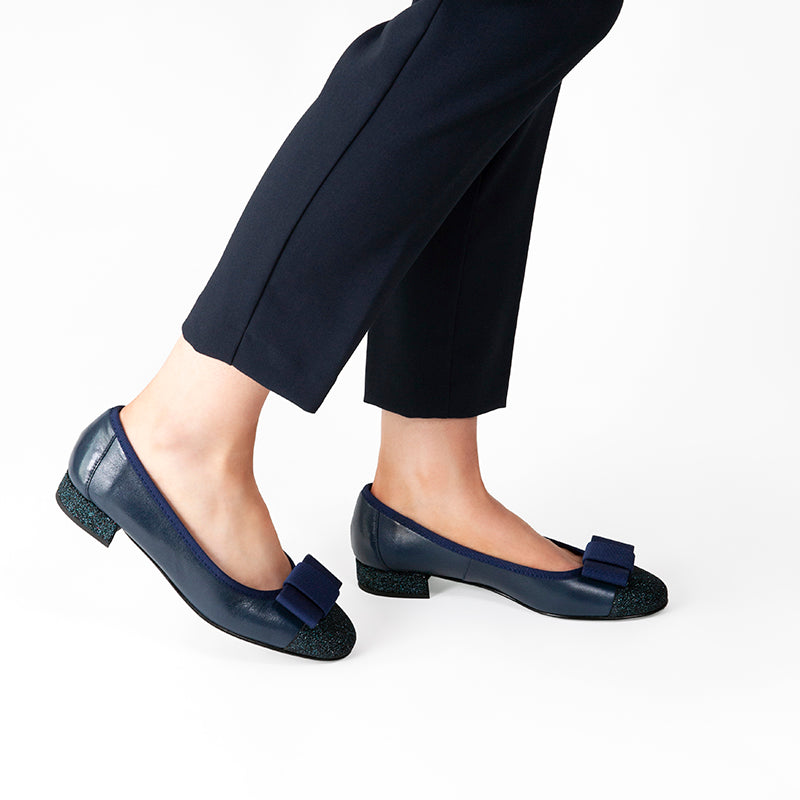 Fabucci Women's Navy Blue Leather Ballet Flats with Bow - Comfortable & Stylish Shoes for Work, Travel & Casual Outfits