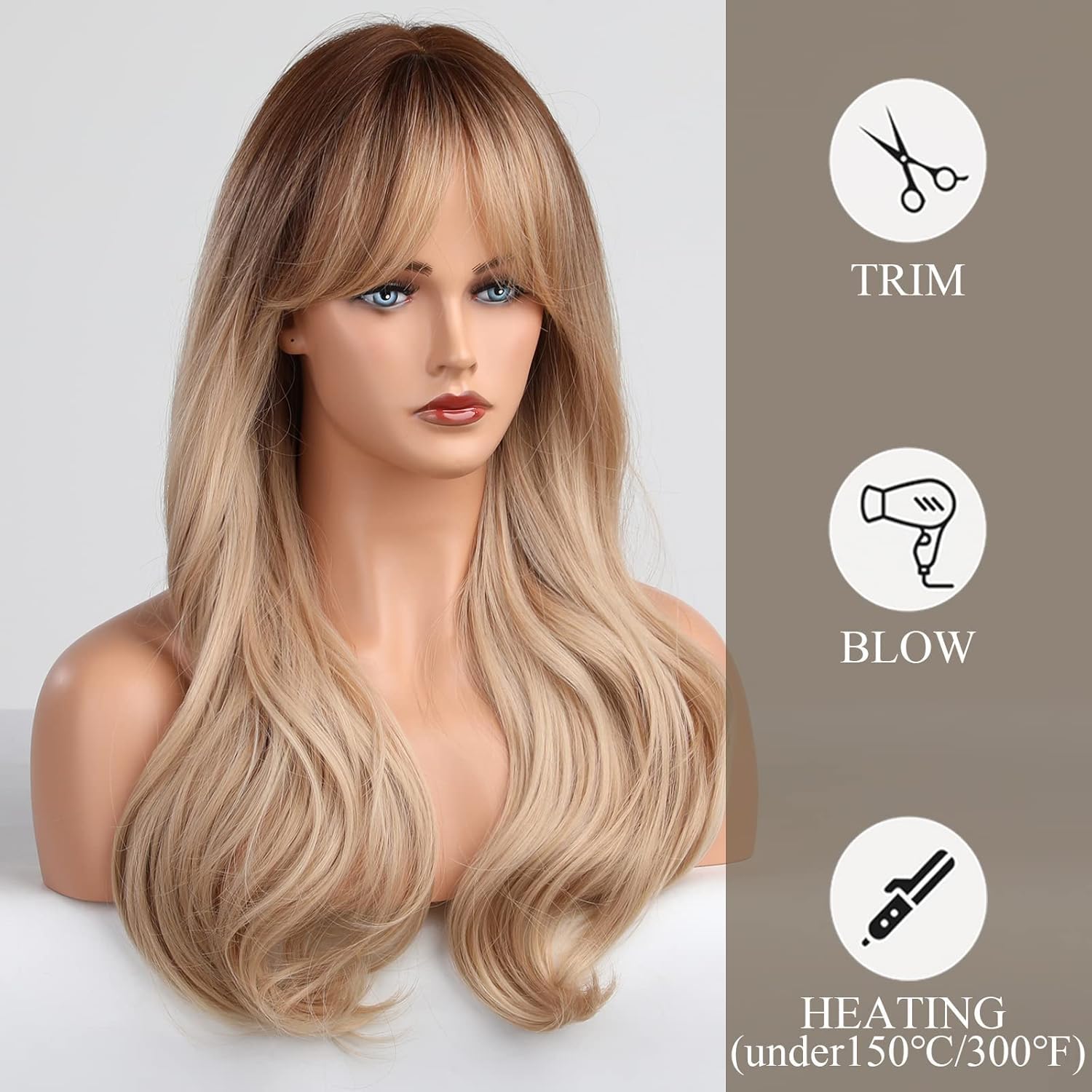 Ombre Blonde Real Human Hair Wig with Bangs - Long Curly Glueless Lace Front Wig for Women | Breathable Lightweight Tangle-Free Natural Look | Perfect for Daily Wear, Parties, Cosplay & Special Occasions