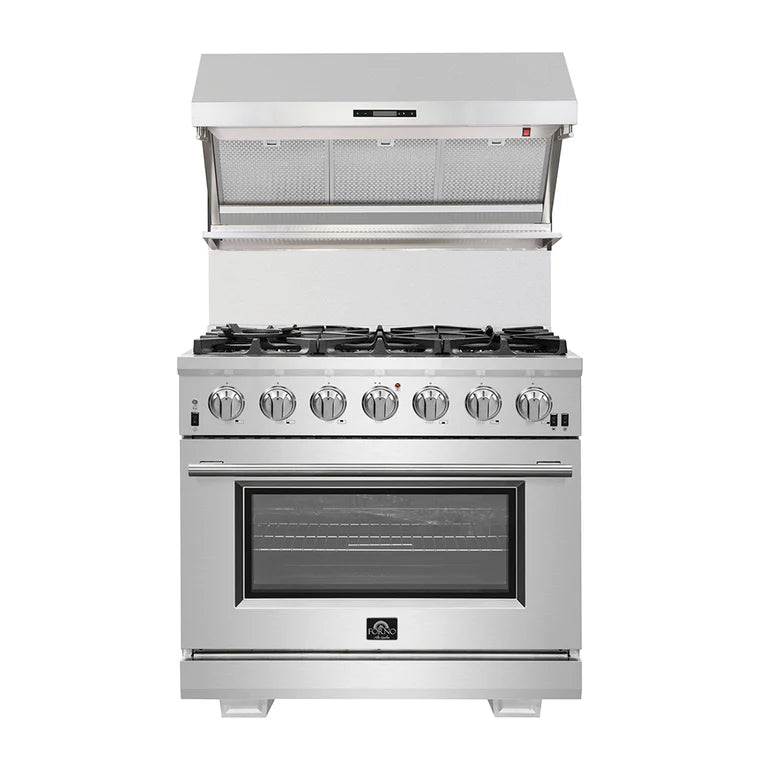 36 Inch Gas Range with Wall Mount Range Hood - Forno Appliance Package for Professional Kitchen & Home Cooking | Perfect for Baking, Roasting & Grilling