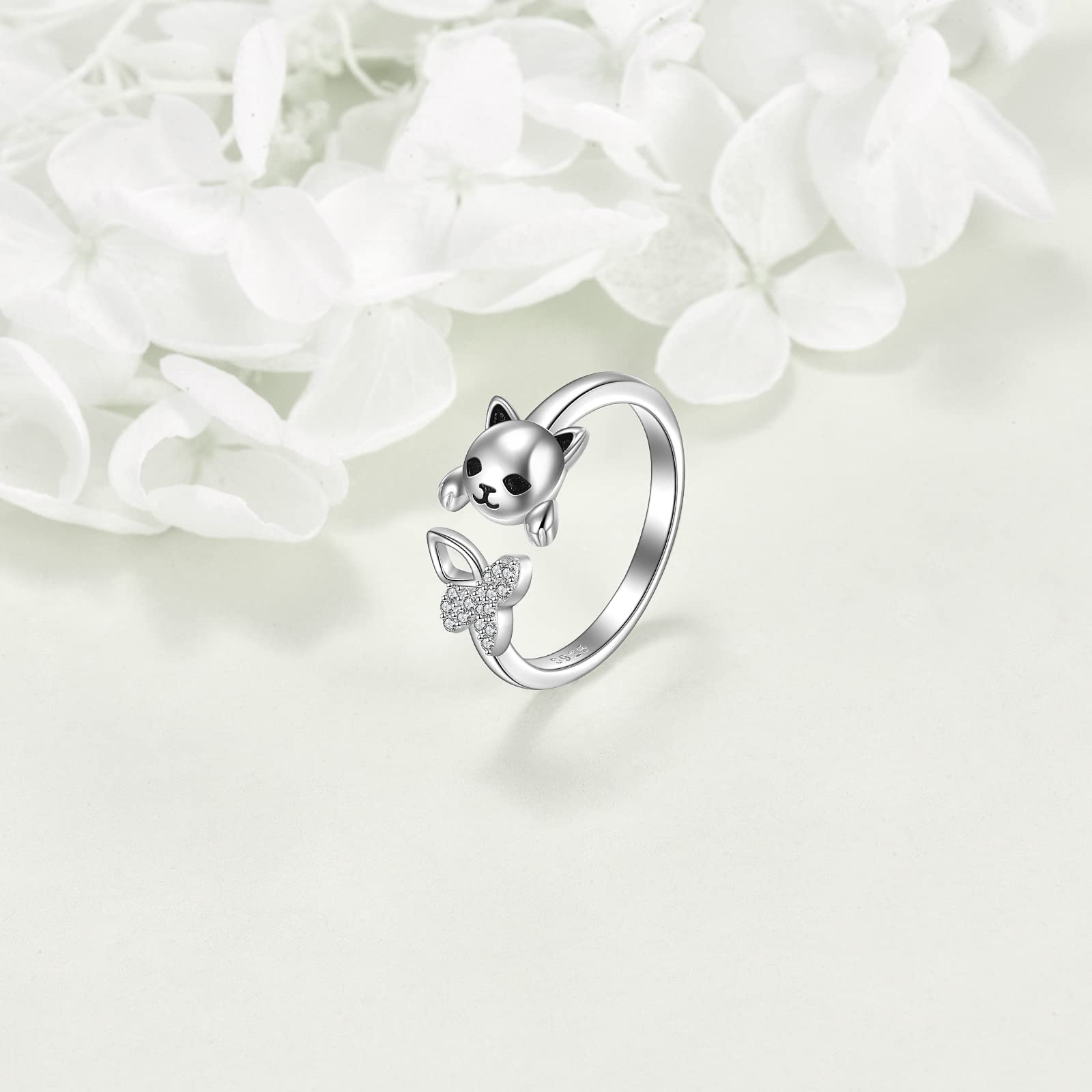 YAFEINI Sterling Silver Cat & Butterfly Open Ring - Elegant Jewelry Gift for Women Cat Lovers | Perfect for Birthday, Anniversary & Everyday Wear